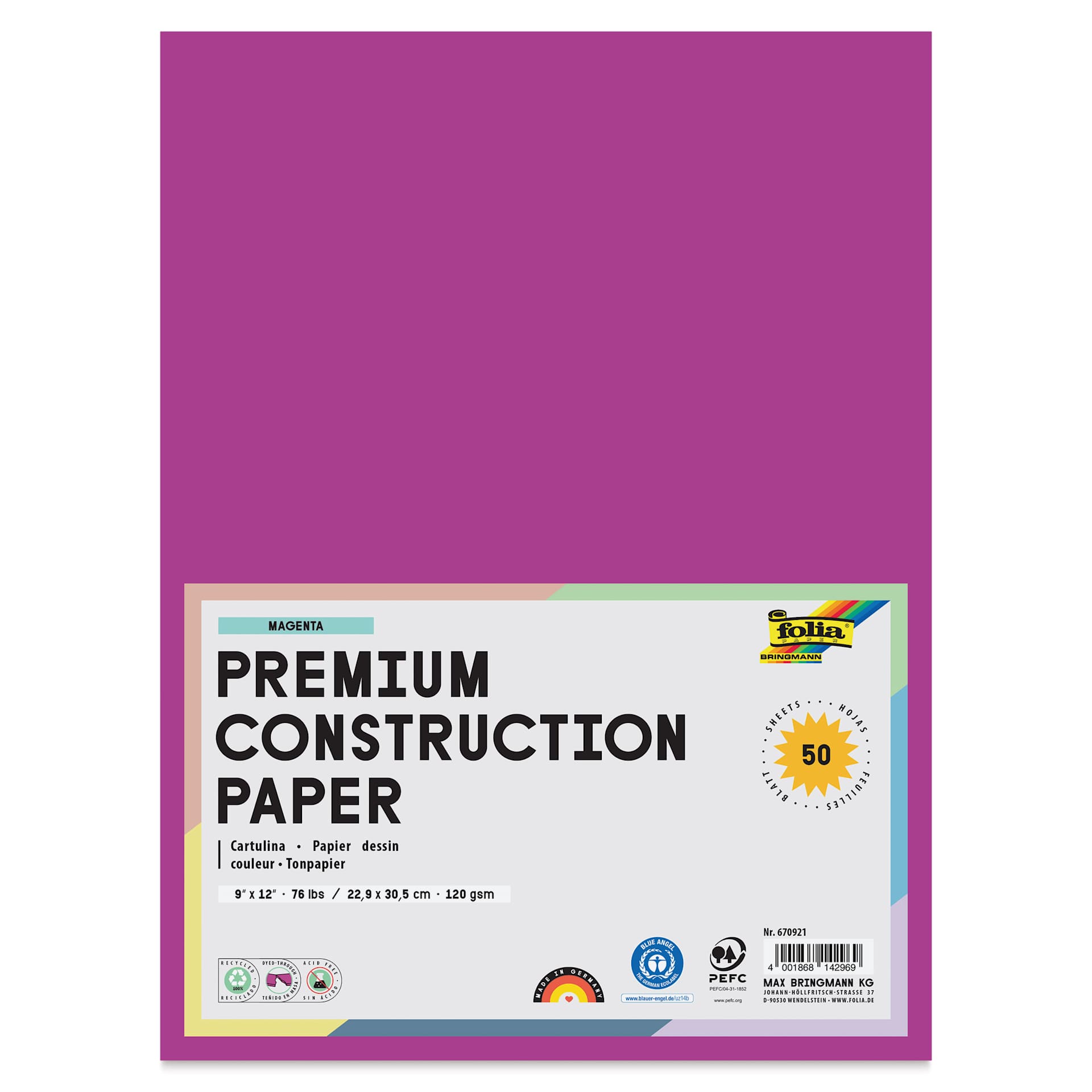 Folia Premium Construction Paper - Pkg of 50, Magenta, 9" x 12", front of packaging