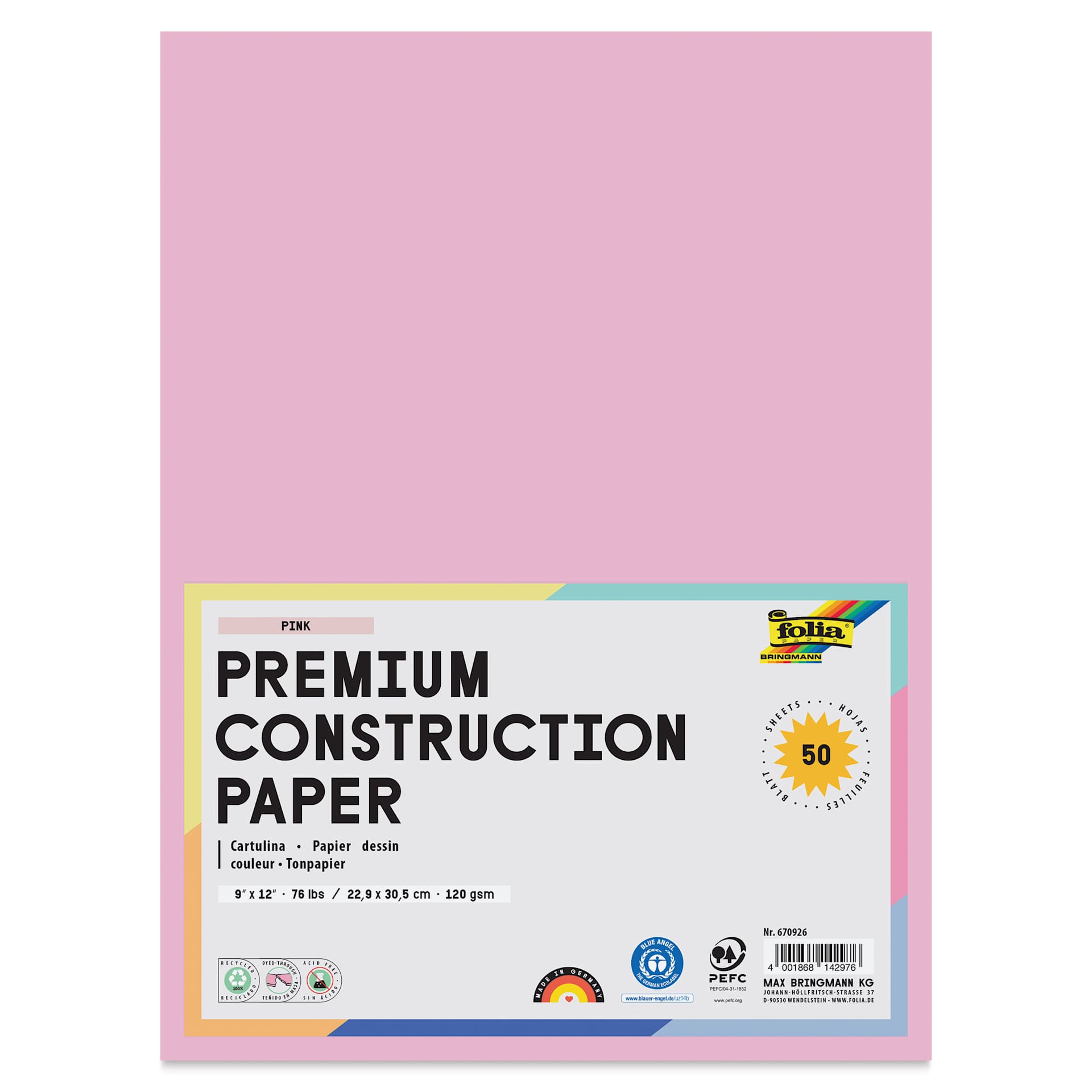 Folia Premium Construction Paper - Pkg of 50, Pink, 9" x 12", front of packaging