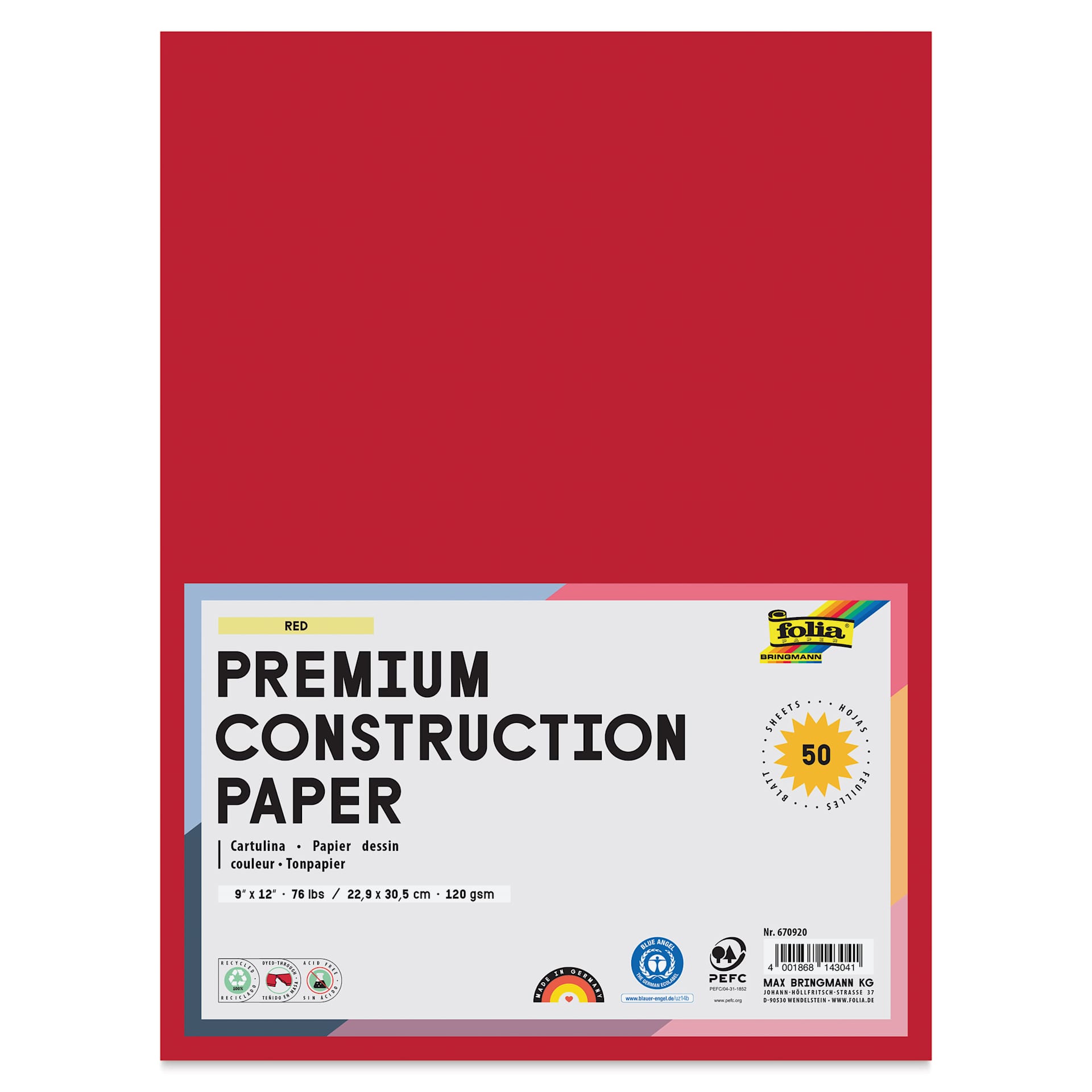 Folia Premium Construction Paper - Pkg of 50, Red, 9" x 12", front of packaging