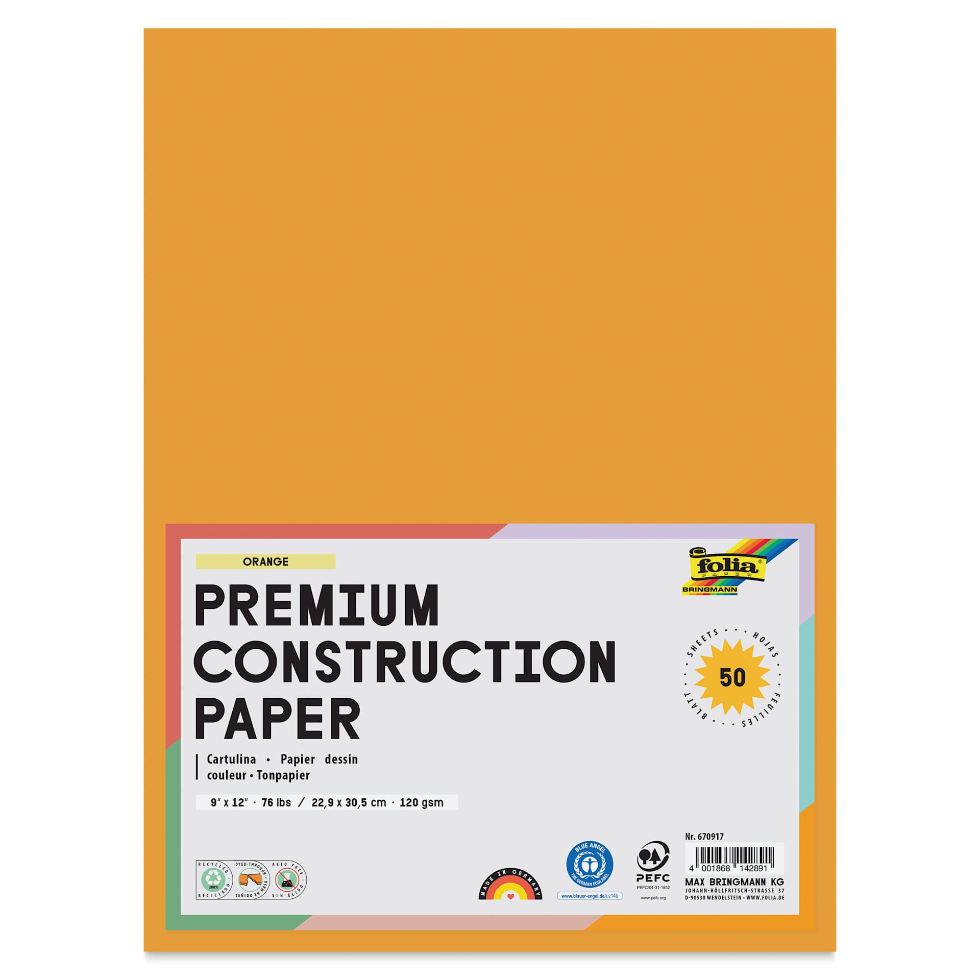 Folia Premium Construction Paper - Pkg of 50, Orange, 9" x 12", front of packaging