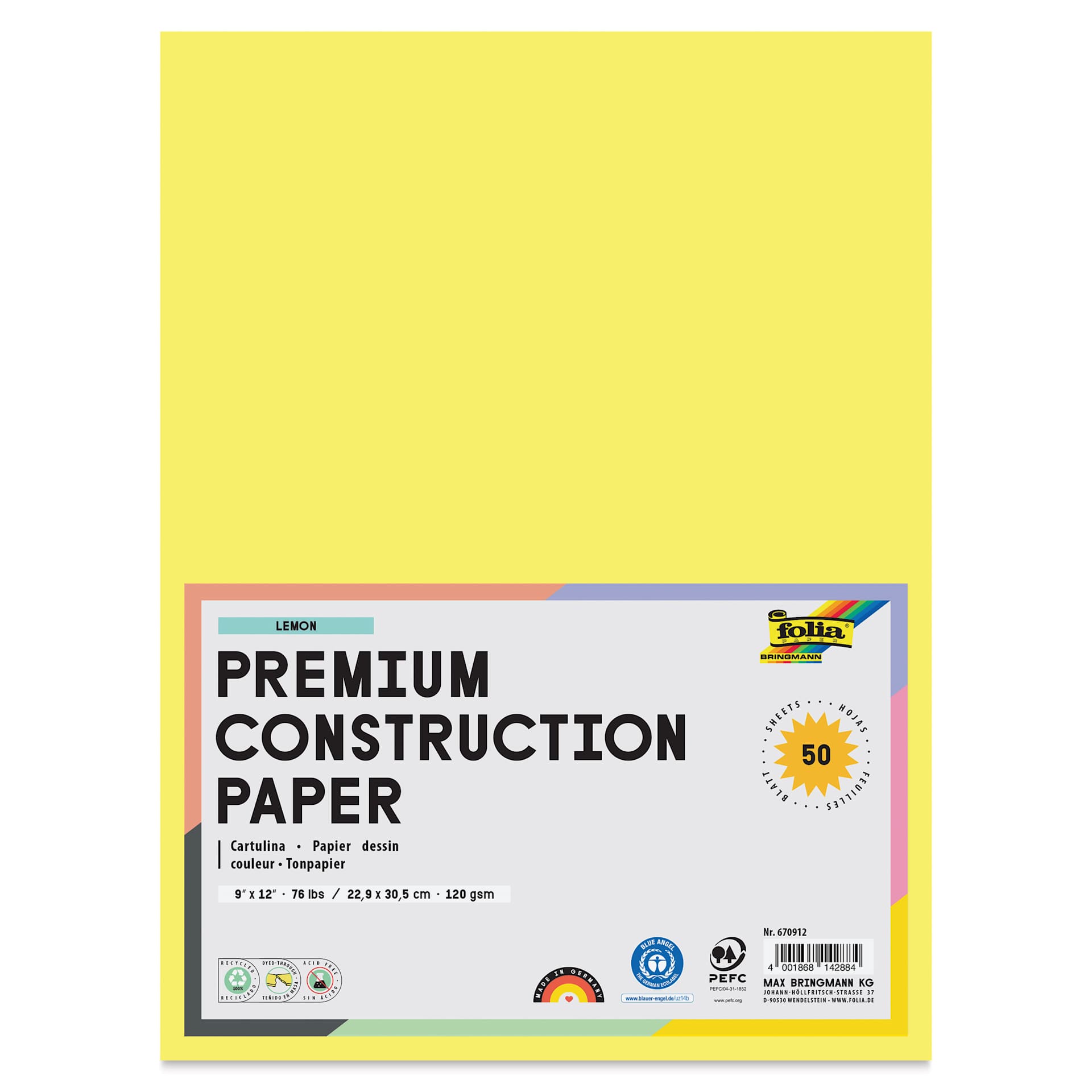 Folia Premium Construction Paper - Pkg of 50, Lemon, 9" x 12", front of packaging