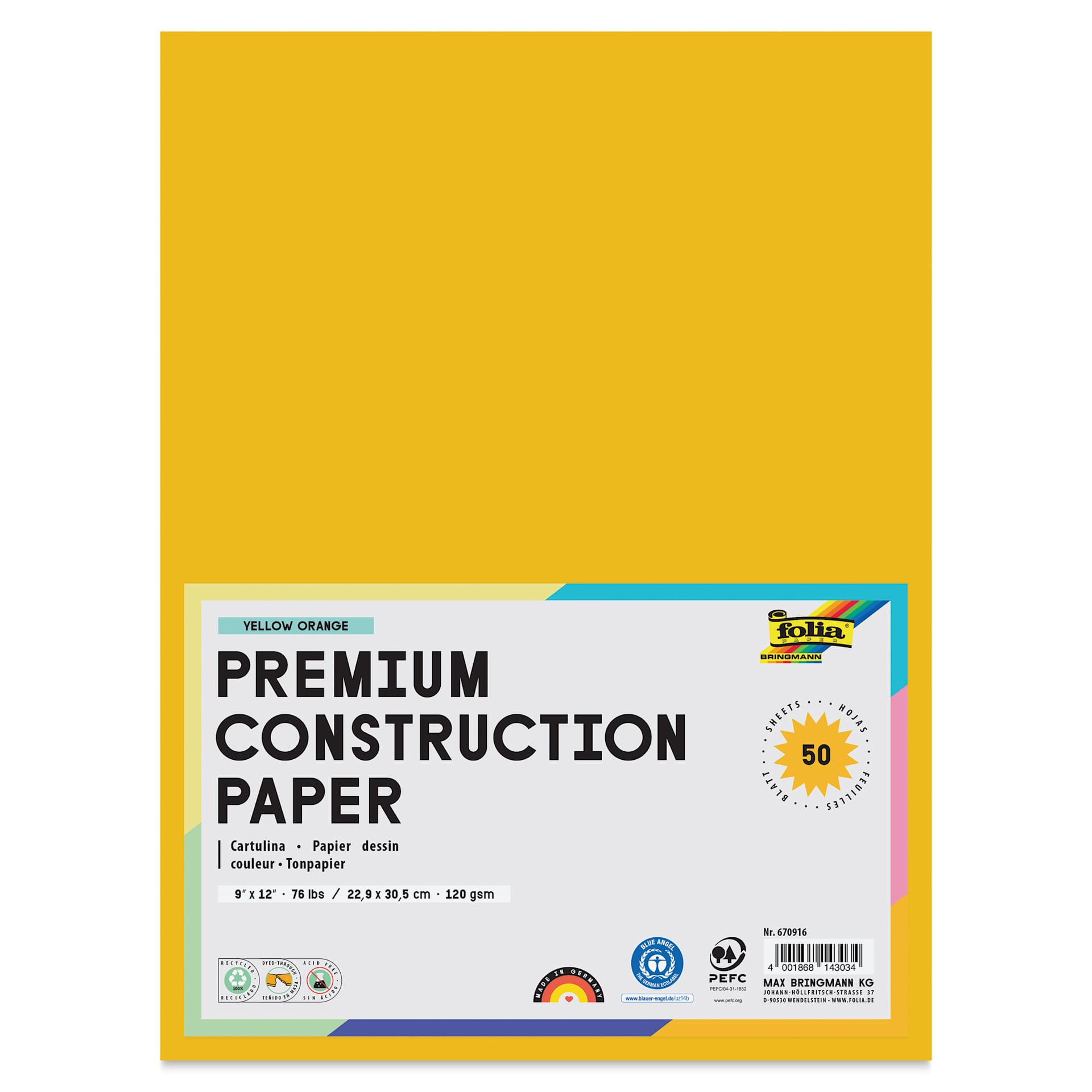 Folia Premium Construction Paper - Pkg of 50, Yellow Orange, 9" x 12", front of packaging