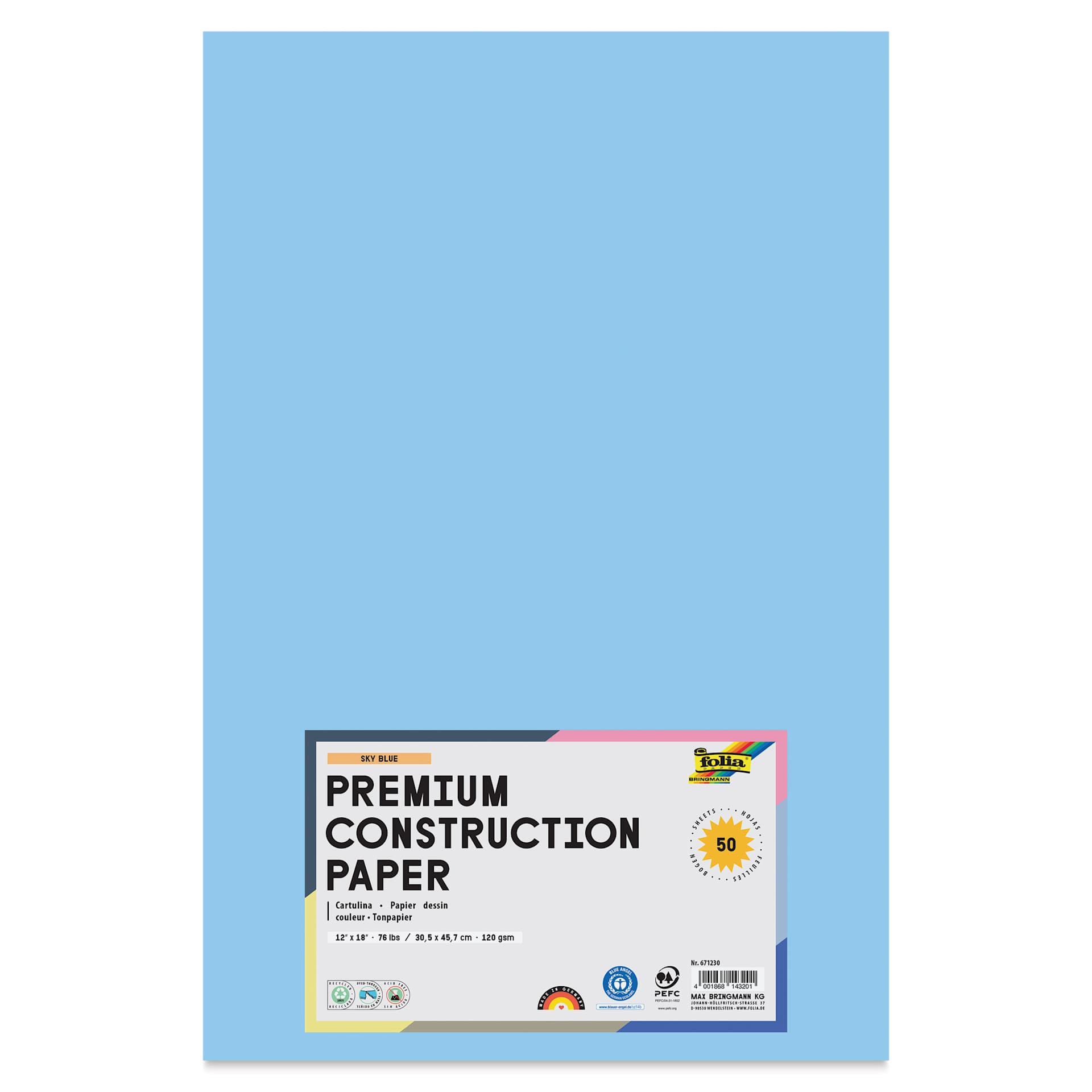 Folia Premium Construction Paper - Pkg of 50, Sky Blue, 12" x 18", front of packaging