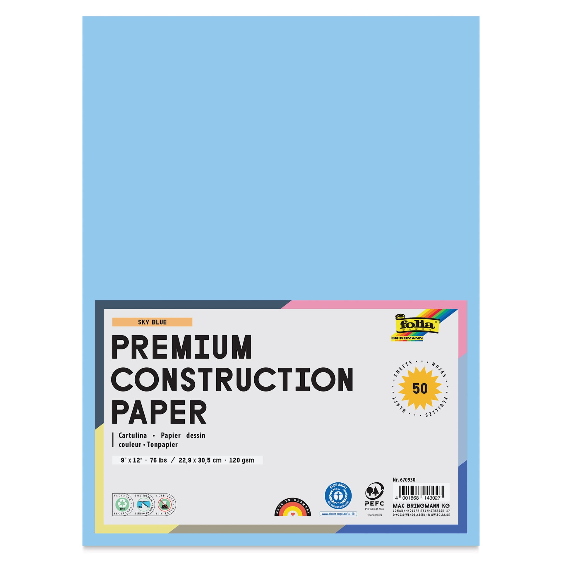 Folia Premium Construction Paper - Pkg of 50, Sky Blue, 9" x 12", front of packaging