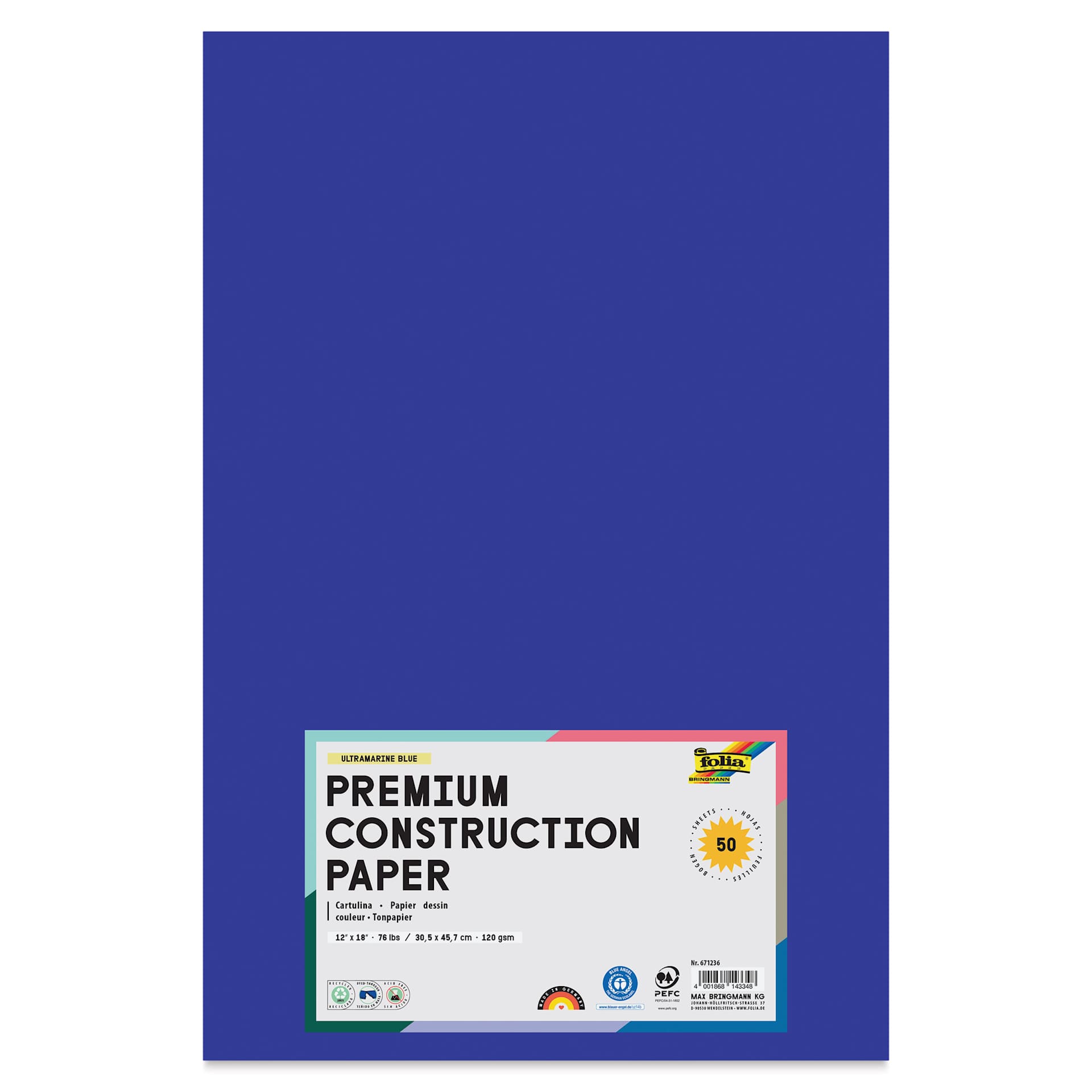 Folia Premium Construction Paper - Pkg of 50, Ultramarine Blue, 12" x 18", front of packaging