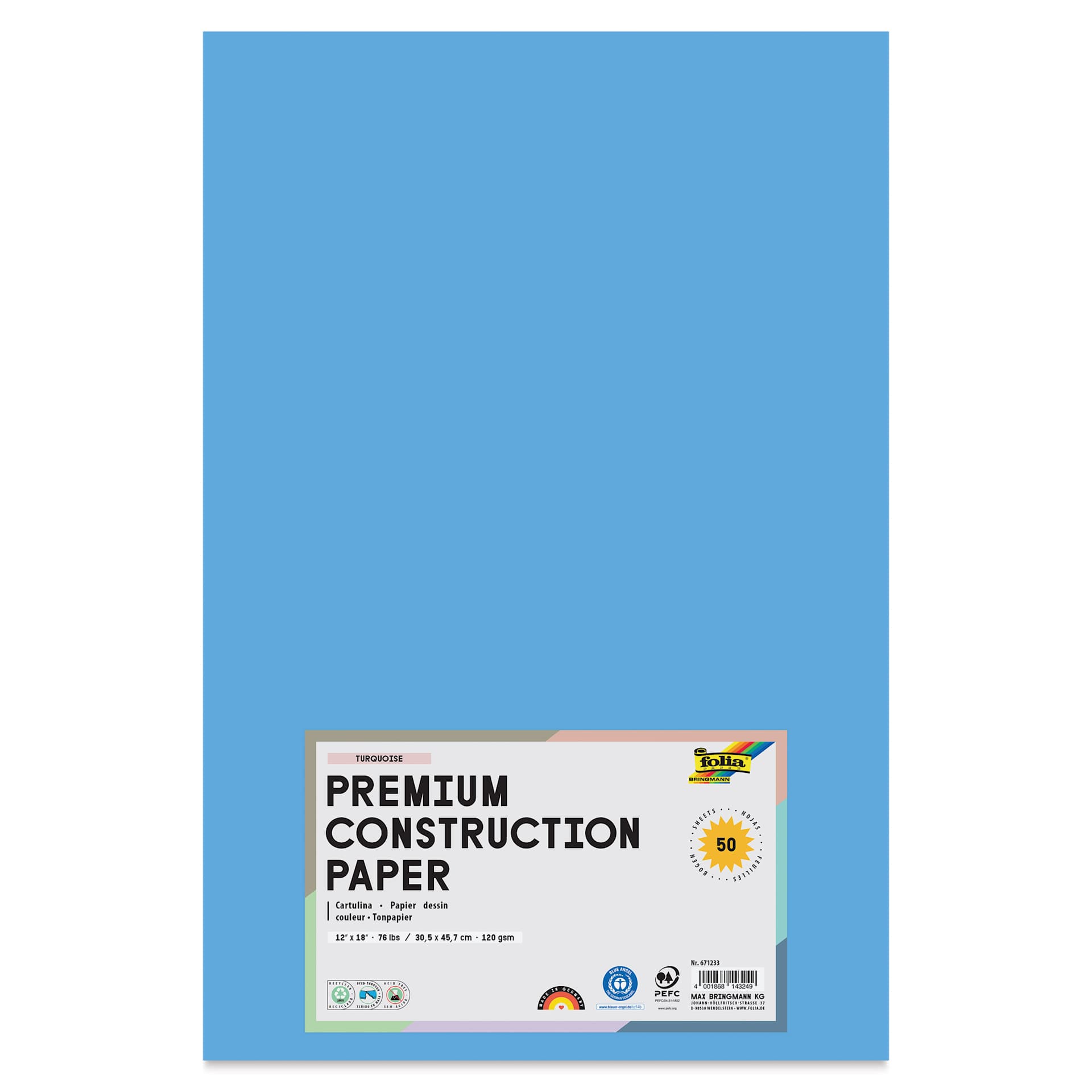 Folia Premium Construction Paper - Pkg of 50, Turquoise, 12" x 18", front of packaging