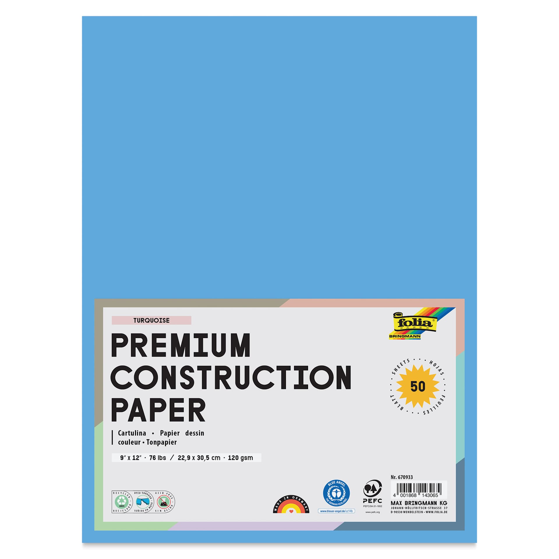 Folia Premium Construction Paper - Pkg of 50, Turquoise, 9" x 12", front of packaging