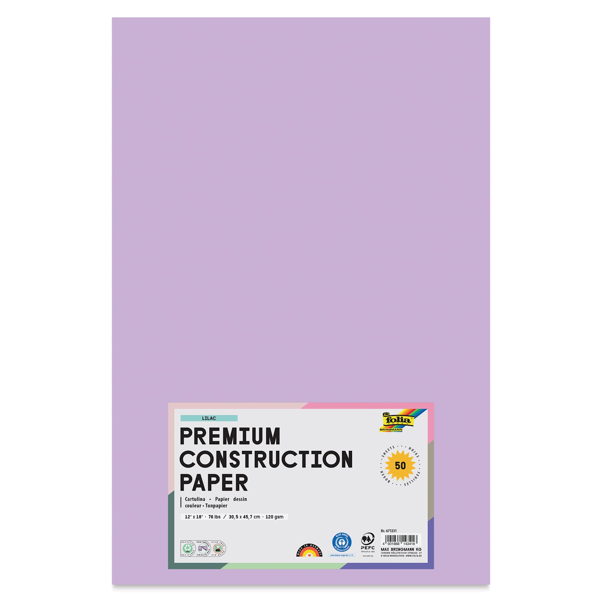 Folia Premium Construction Paper - Pkg of 50, Lilac, 12" x 18", front of packaging