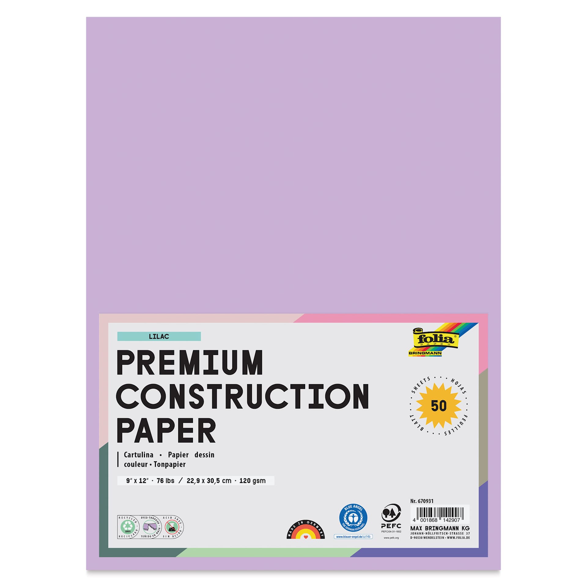 Folia Premium Construction Paper - Pkg of 50, Lilac, 9" x 12", front of packaging