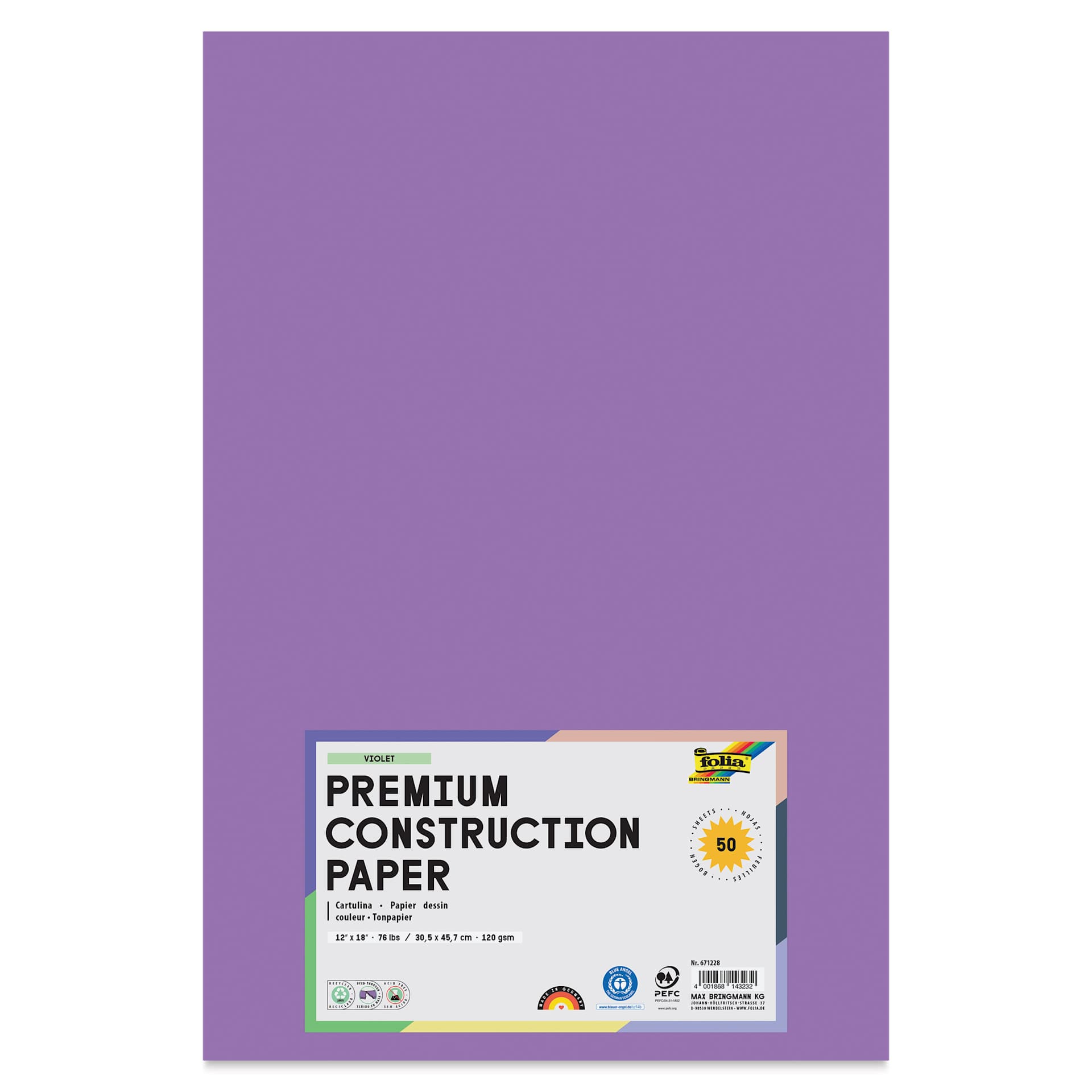 Folia Premium Construction Paper - Pkg of 50, Violet, 12" x 18", front of packaging