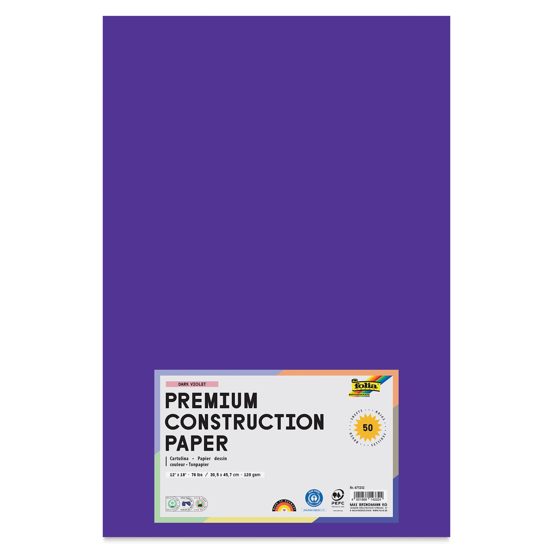 Folia Premium Construction Paper - Pkg of 50, Dark Violet, 12" x 18", front of packaging