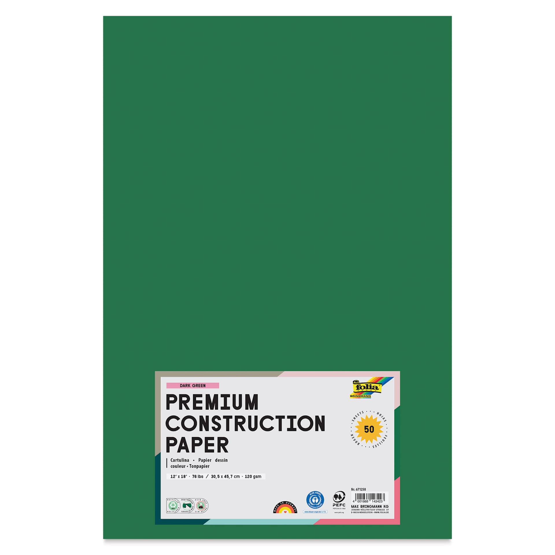 Folia Premium Construction Paper - Pkg of 50, Dark Green, 12" x 18", front of packaging