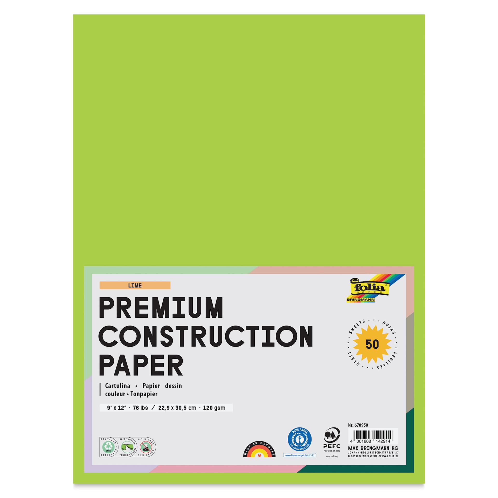 Folia Premium Construction Paper - Pkg of 50, Lime, 9" x 12", front of packaging
