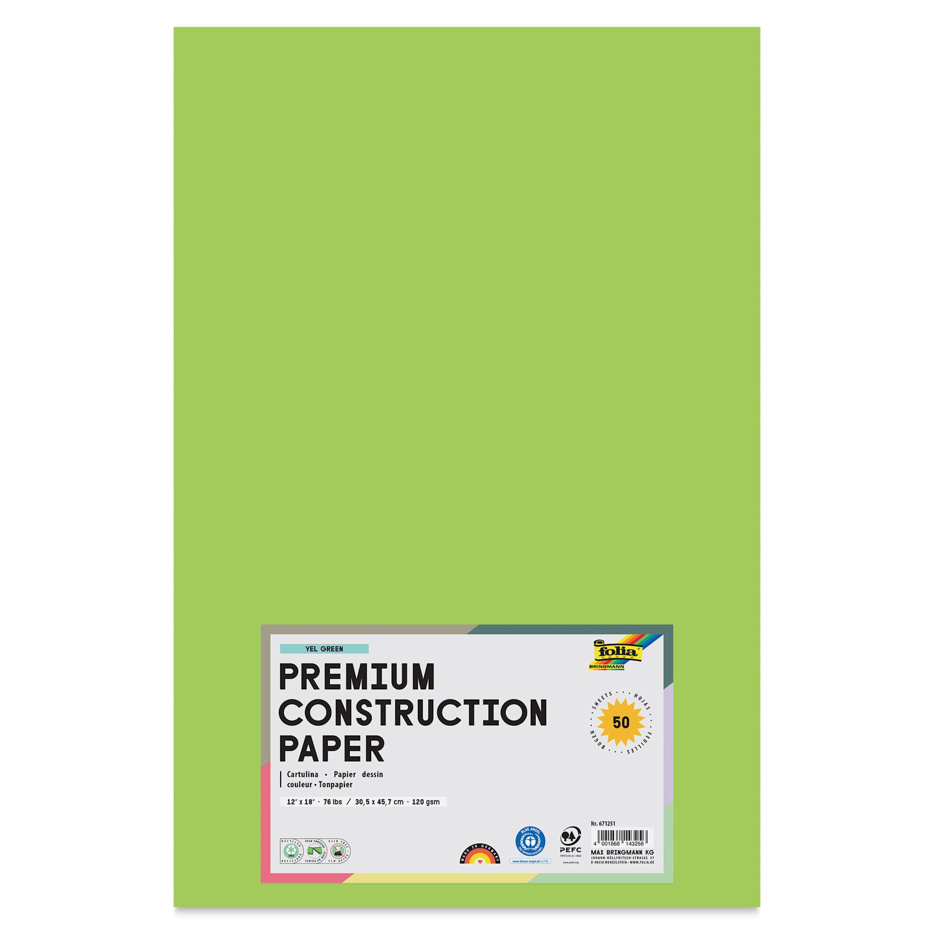 Folia Premium Construction Paper - Pkg of 50, Yellow Green, 12" x 18", front of packaging