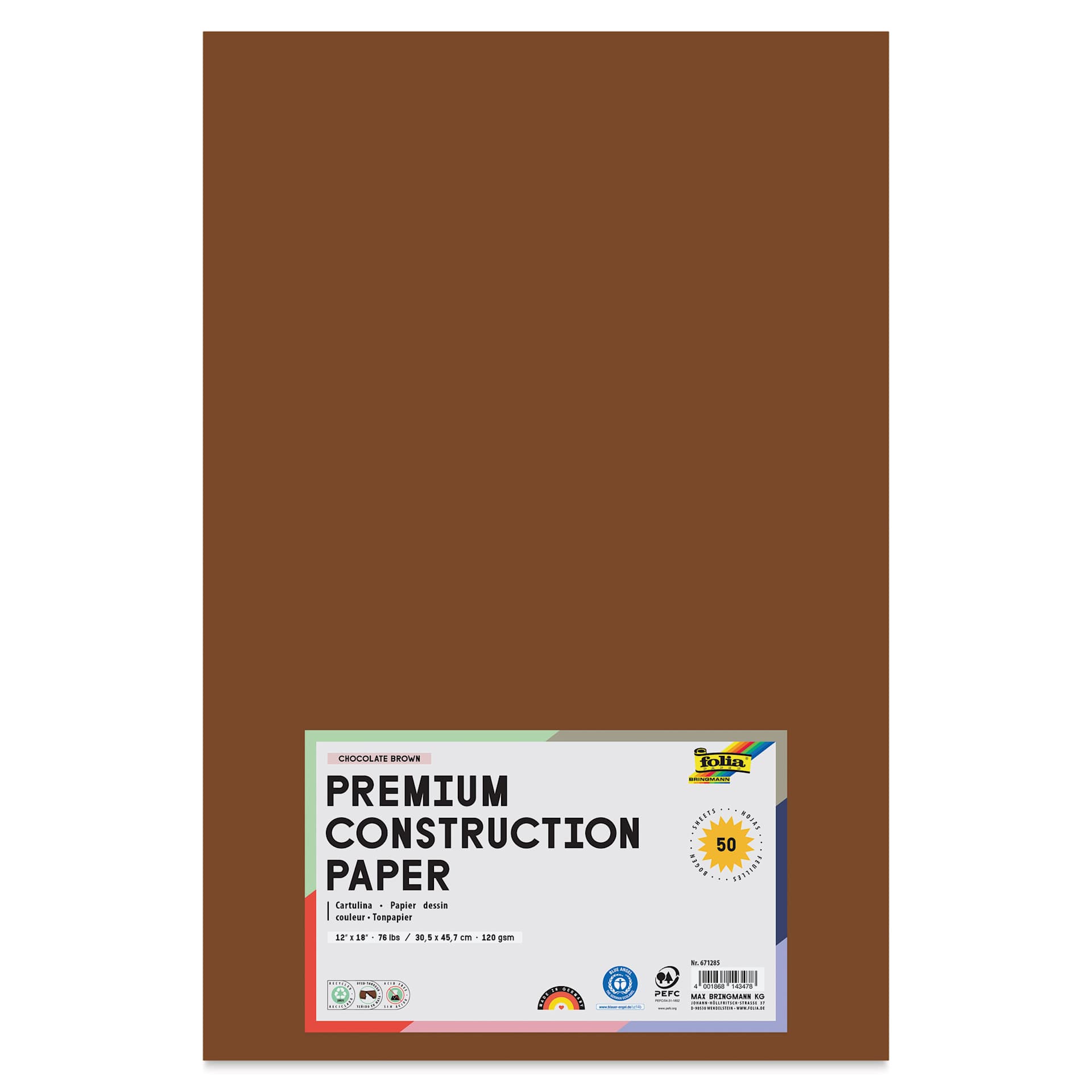 Folia Premium Construction Paper - Pkg of 50, Chocolate Brown, 12" x 18", front of packaging