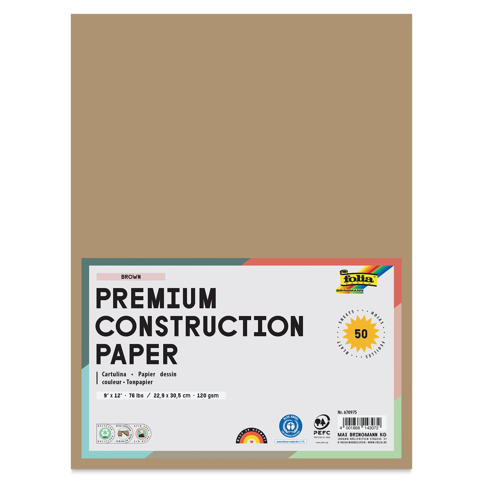 Folia Premium Construction Paper - Pkg of 50, Brown, 9" x 12", front of packaging
