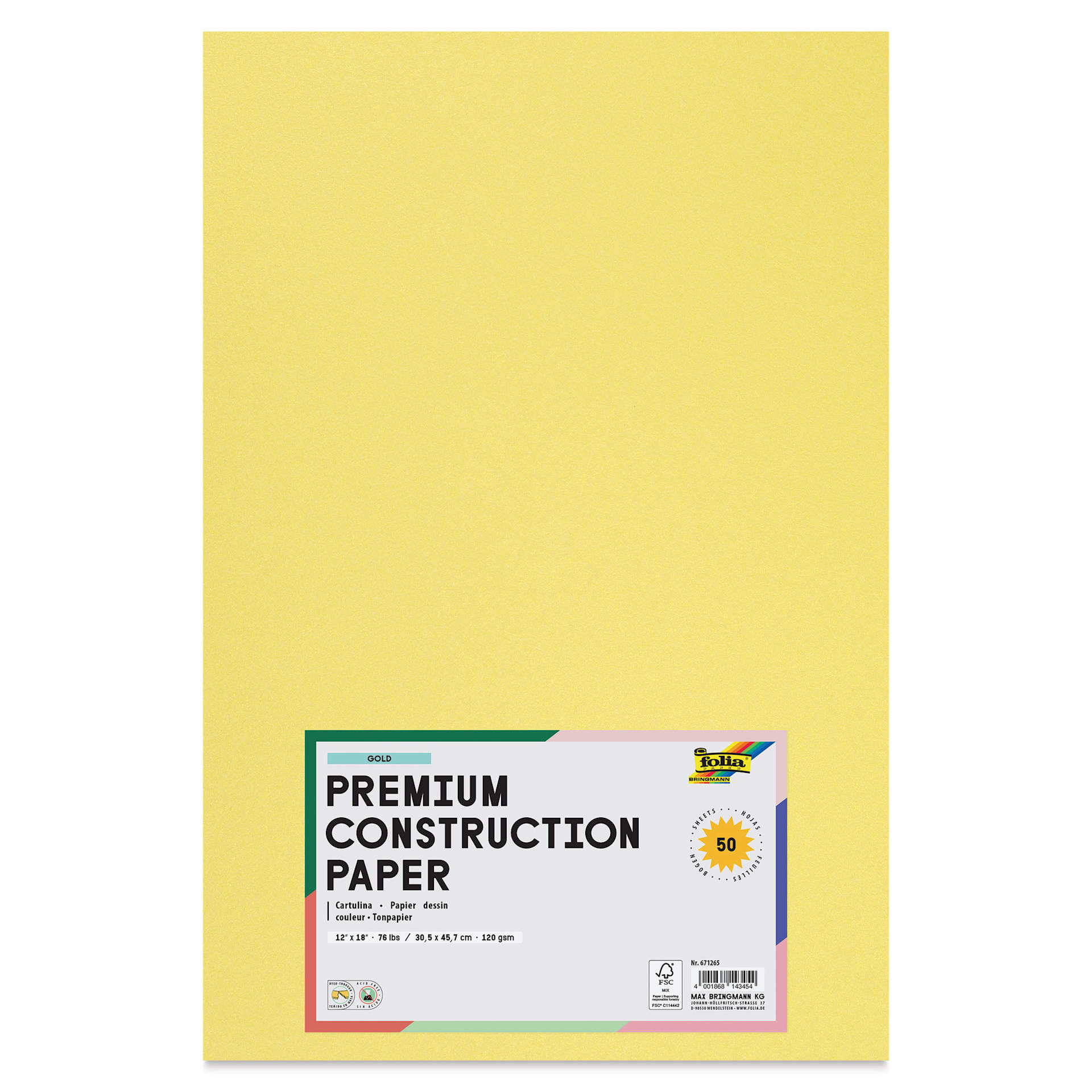 Folia Premium Metallic Construction Paper - Pkg of 50, Gold, 12" x 18", front of packaging