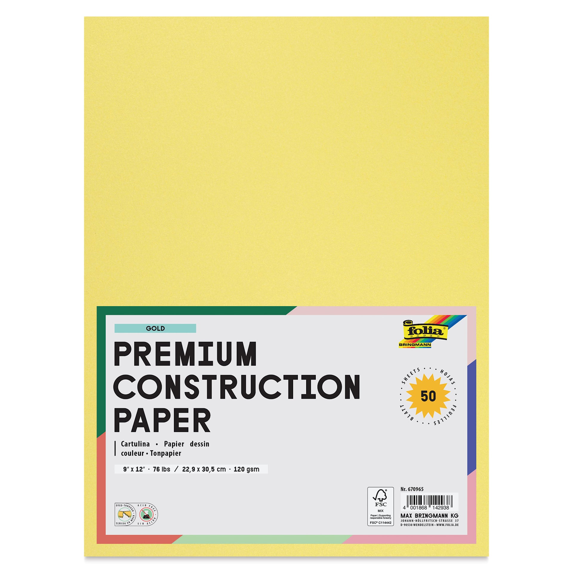 Folia Premium Metallic Construction Paper - Pkg of 50, Gold, 9" x 12", front of packaging
