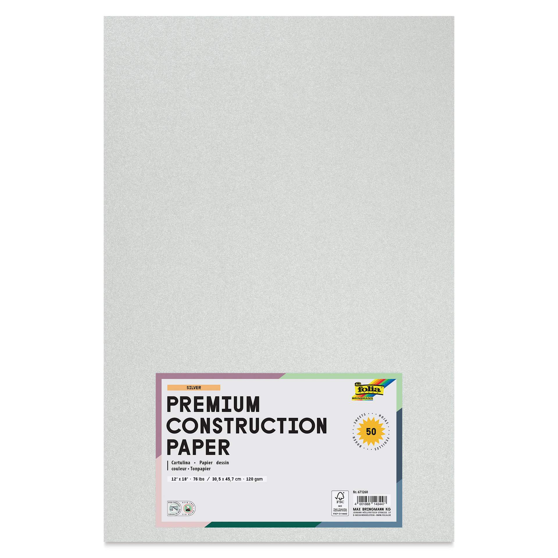 Folia Premium Metallic Construction Paper - Pkg of 50, Silver, 12" x 18", front of packaging