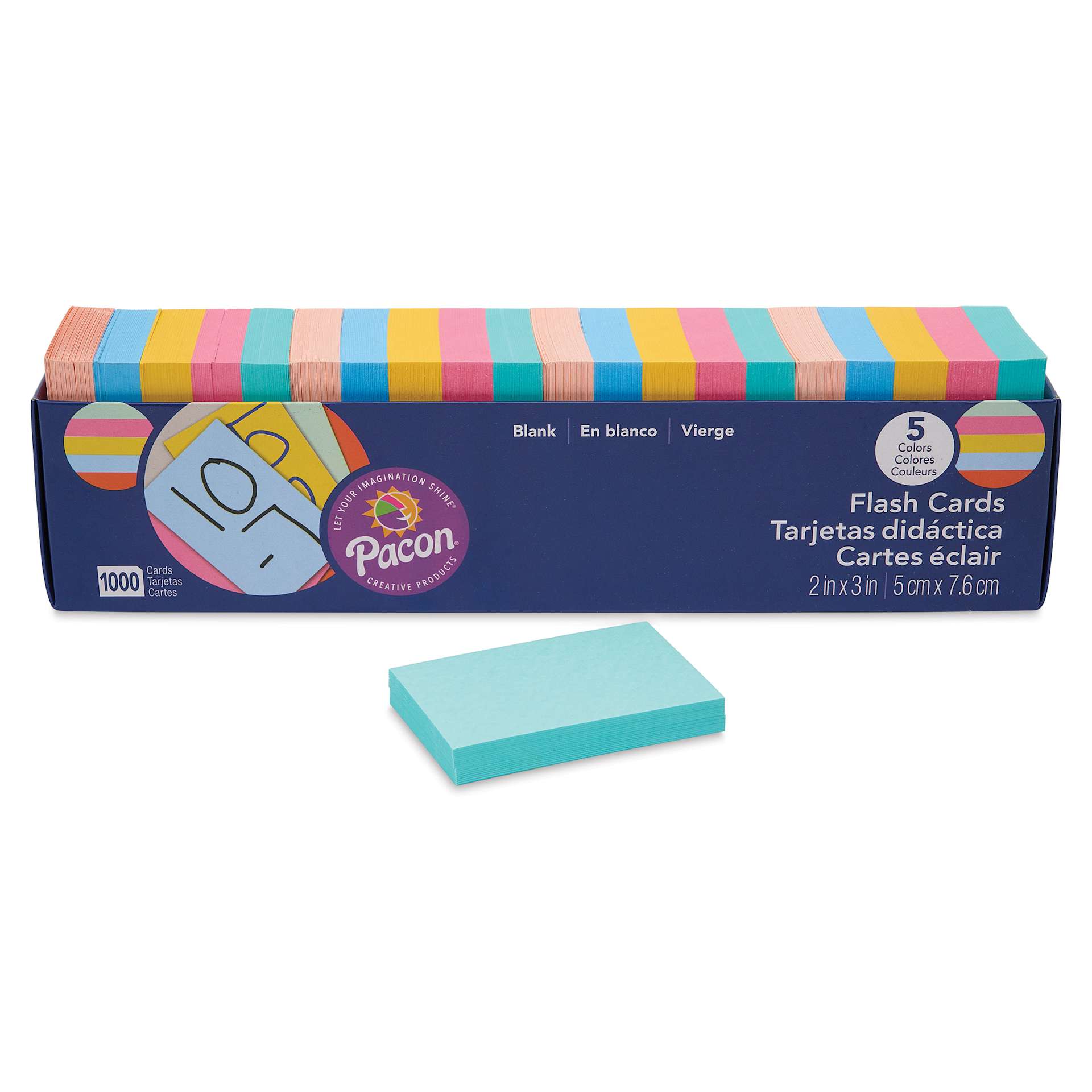 Pacon Flash Cards - Assorted, 3" x 2", Pkg of 1000, blue index cards next to packaging