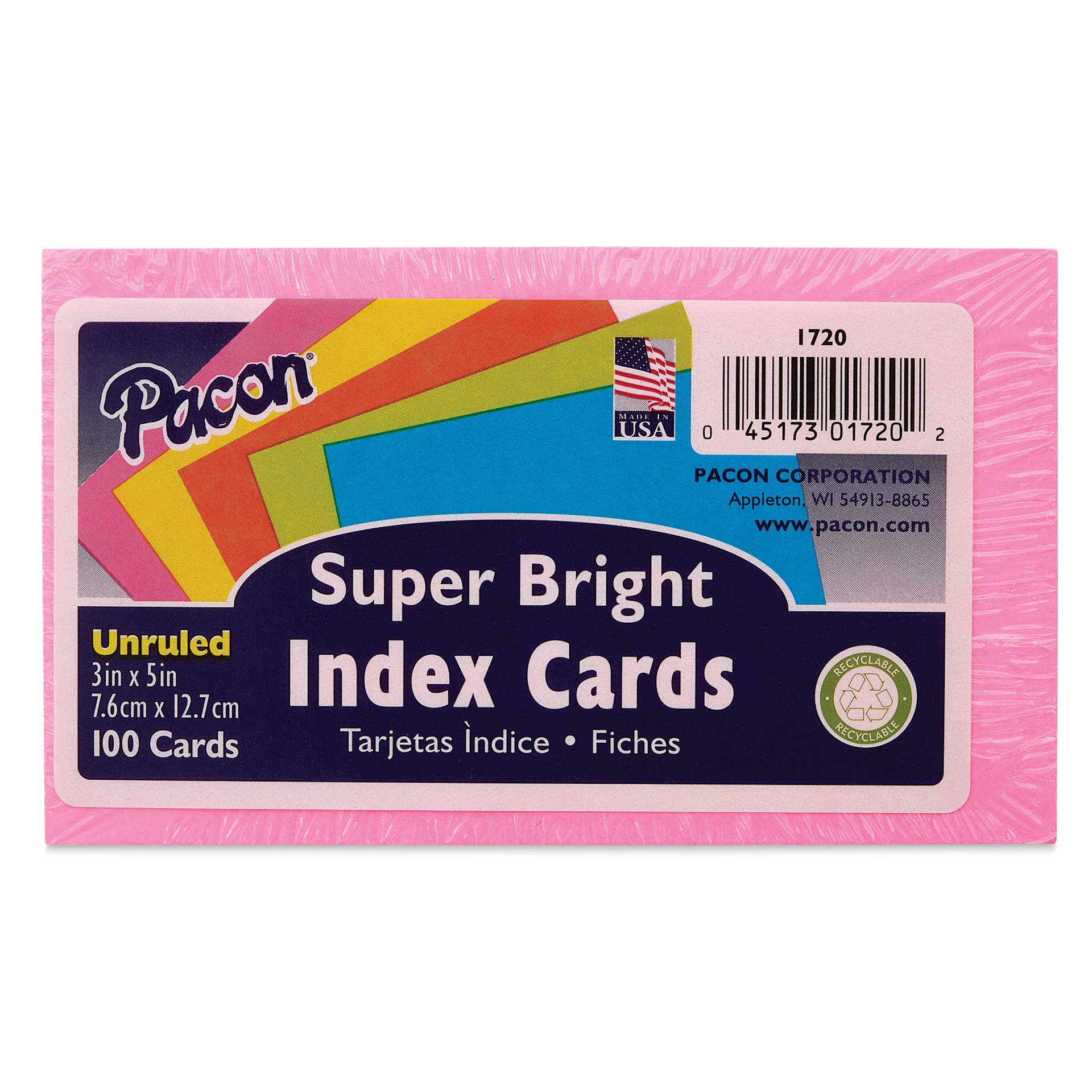 Pacon Index Cards - Pkg of 100, Super Bright, 3" x 5", Blank, front of packaging