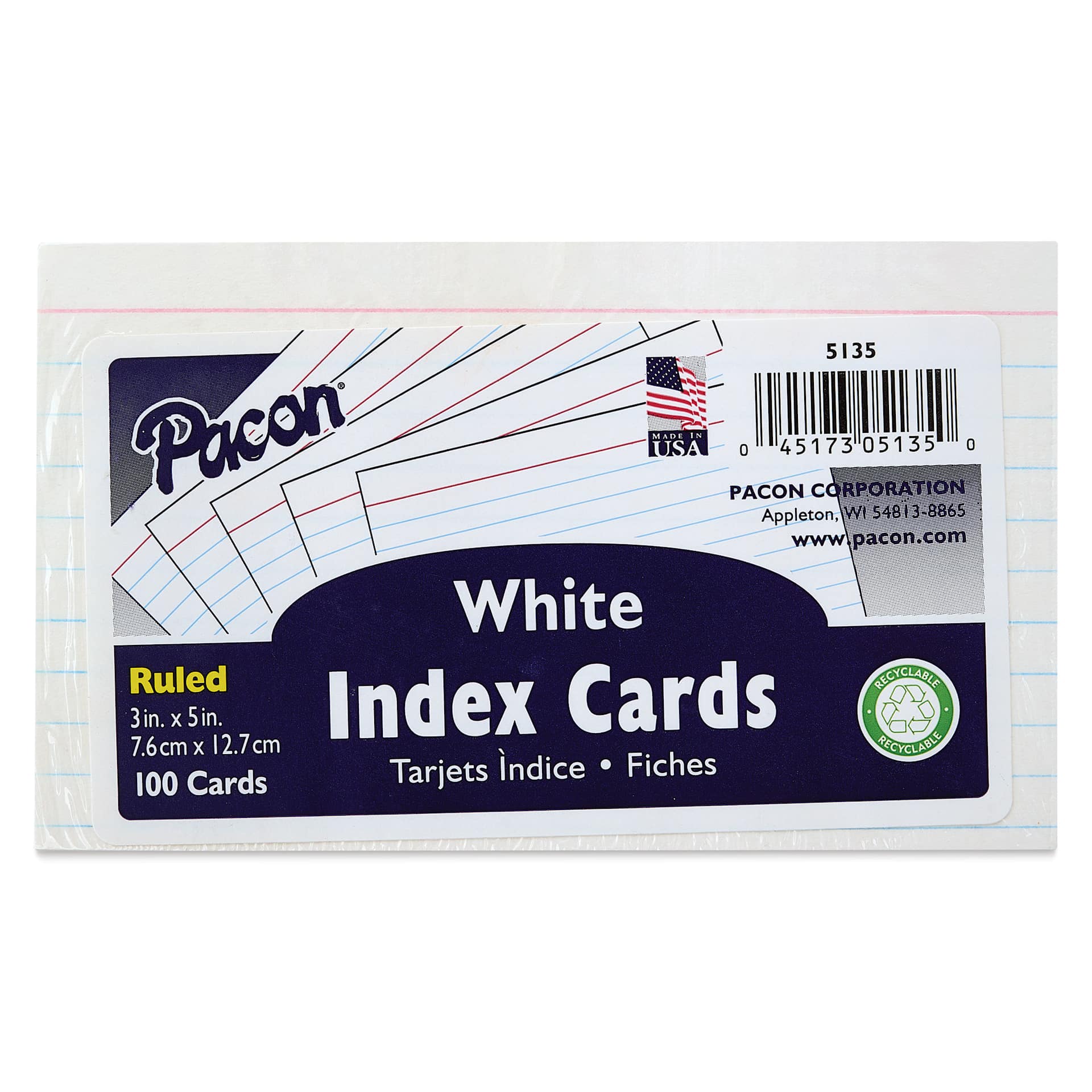 Pacon Index Cards - Pkg of 100, White, 3" x 5", Ruled, front of packaging