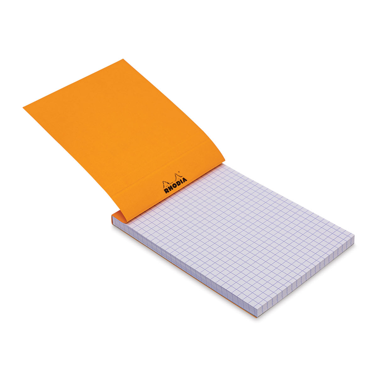 Rhodia Top-Stapled Notepad - Orange, Graph, 4" x 6" (cover raised to show paper)