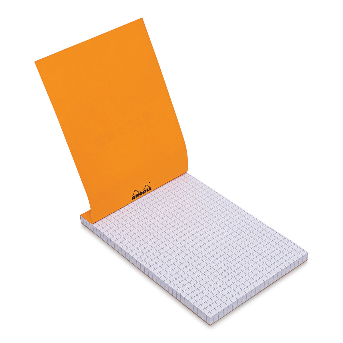 Rhodia Top-Stapled Notepad - Orange, Graph, 4-3/8" x 6-3/8" (cover raised to show paper)