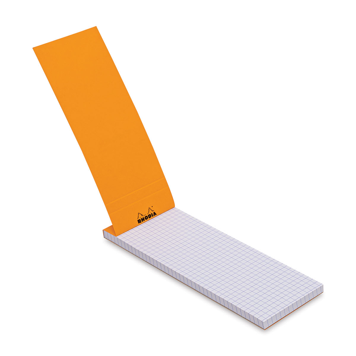 Rhodia Top-Stapled Notepad - Orange, Graph, 3" x 8-1/4" (cover raised to show paper)