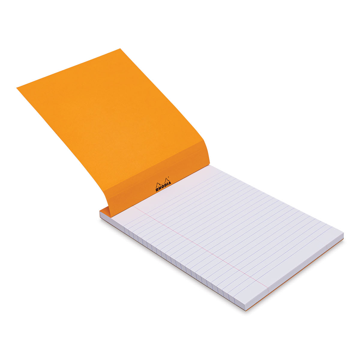 Rhodia Top-Stapled Notepad - Orange, Ruled, 6" x 8-1/4" (cover raised to show paper)