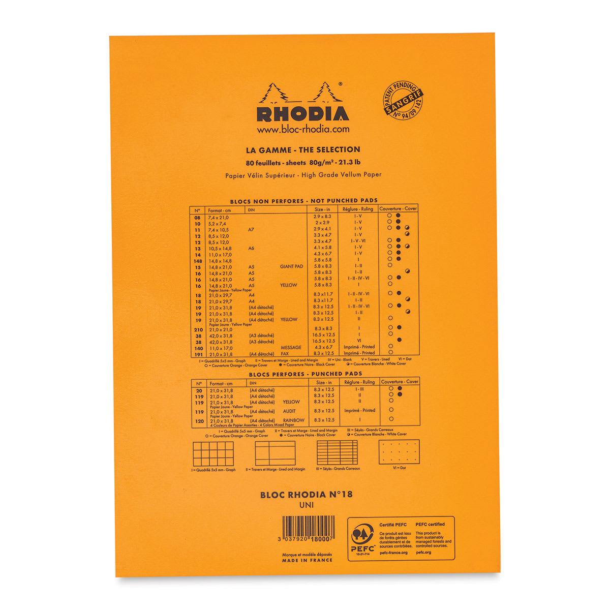 Rhodia Top-Stapled Notepad - Orange, Blank, 8-1/4" x 11-3/4" (back cover)