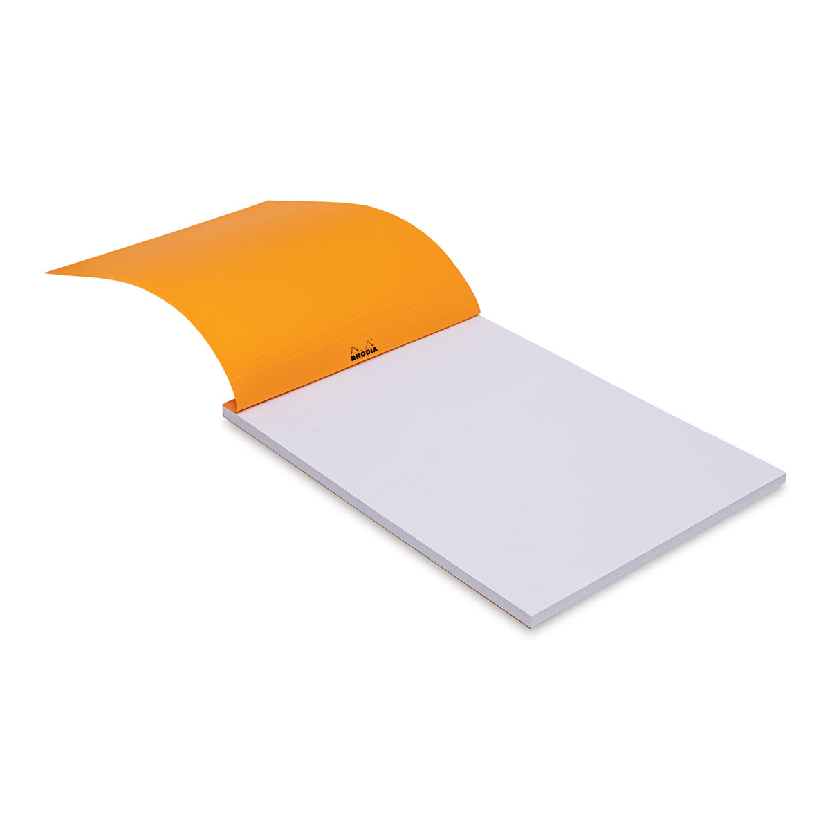 Rhodia Top-Stapled Notepad - Orange, Blank, 8-1/4" x 11-3/4" (cover raised to show paper)