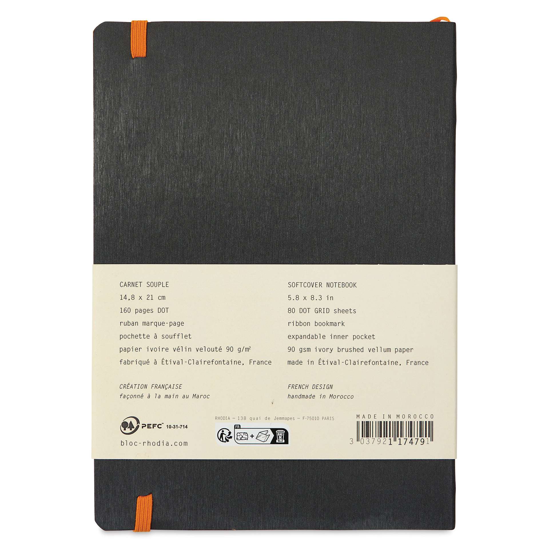 Rhodiarama Soft Cover Notebook - Dot Grid, Black, 5-3/10" x 8-7/10", back of packaging
