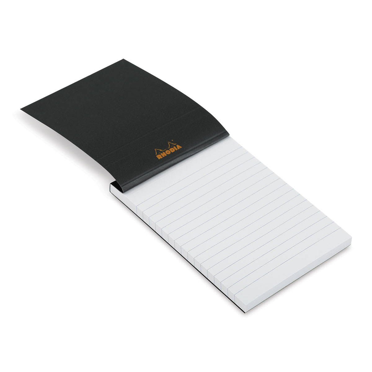 Rhodia Top-Stapled Notepad - Black, Ruled, 4" x 6" (cover raised to show paper)