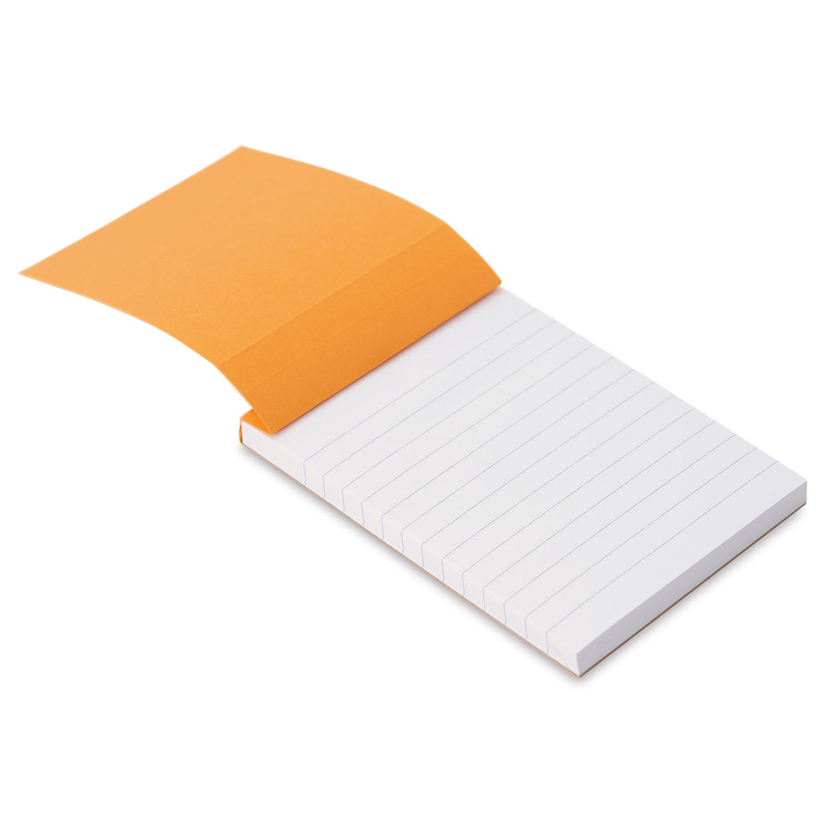 Rhodia Top-Stapled Notepad - Orange, Ruled, 3-3/8" x 4-3/4" (cover raised to show paper)