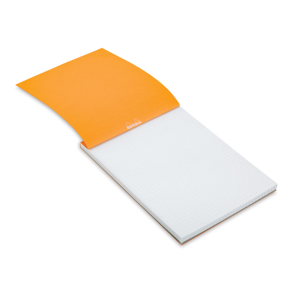 Rhodia Top-Stapled Notepad - Orange, DotPad, 6" x 8-1/4" (cover raised to show paper)