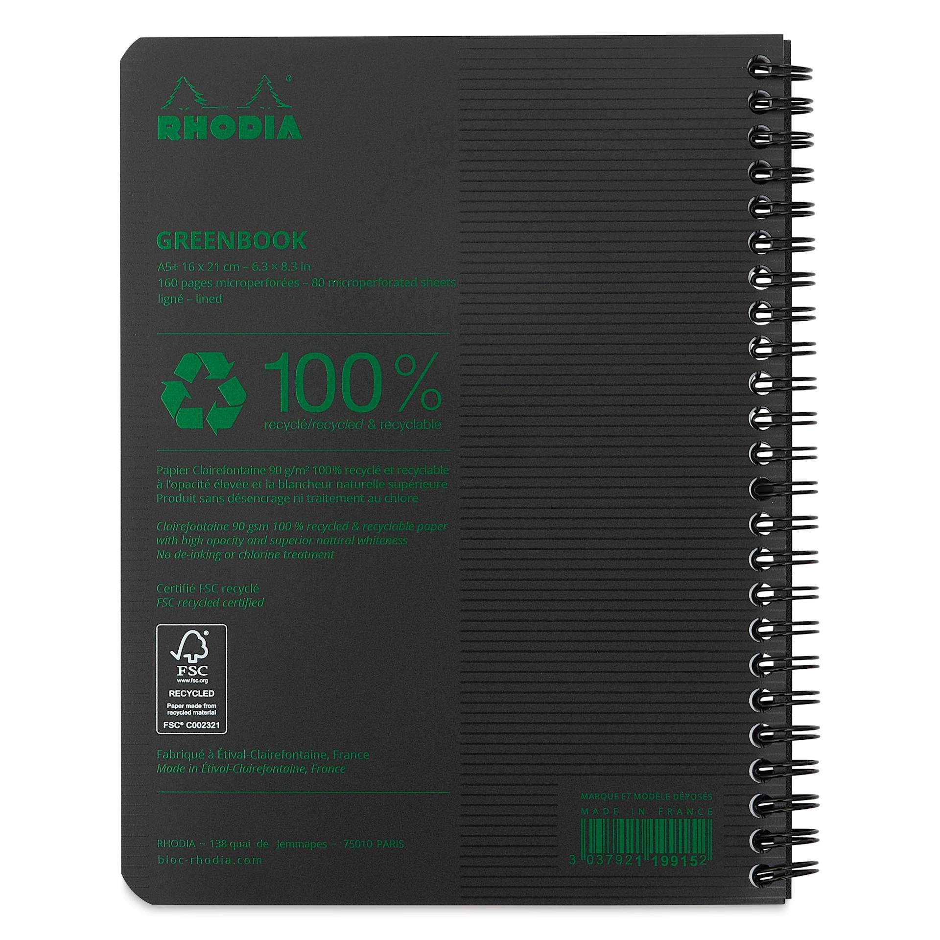 Rhodia Greenbook Notebook - 6.3" x 8.3", Black, Lined, 80 Sheets, back cover