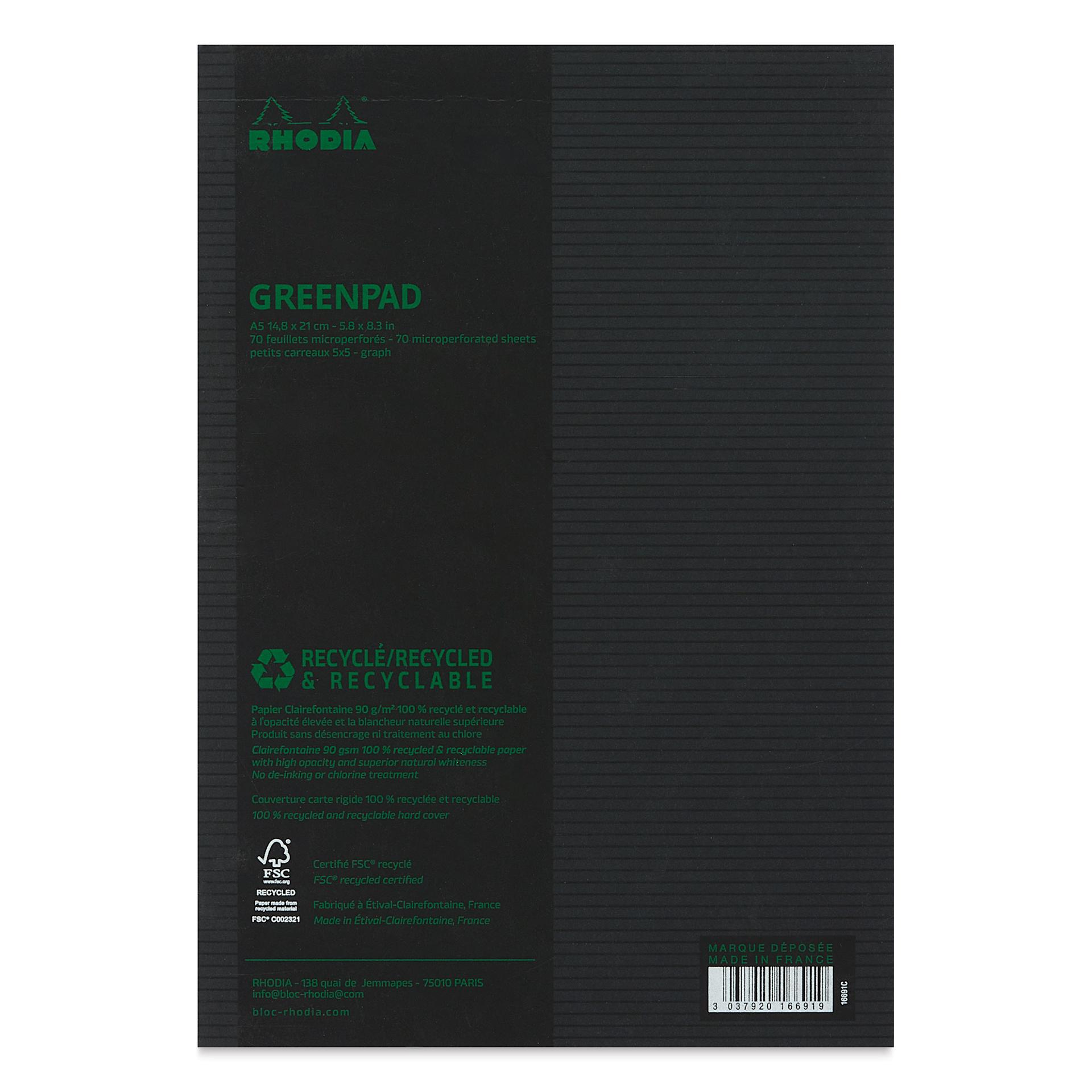 Rhodia Greenpad Notepad - Grid, Black, 6" x 8-1/4", back cover