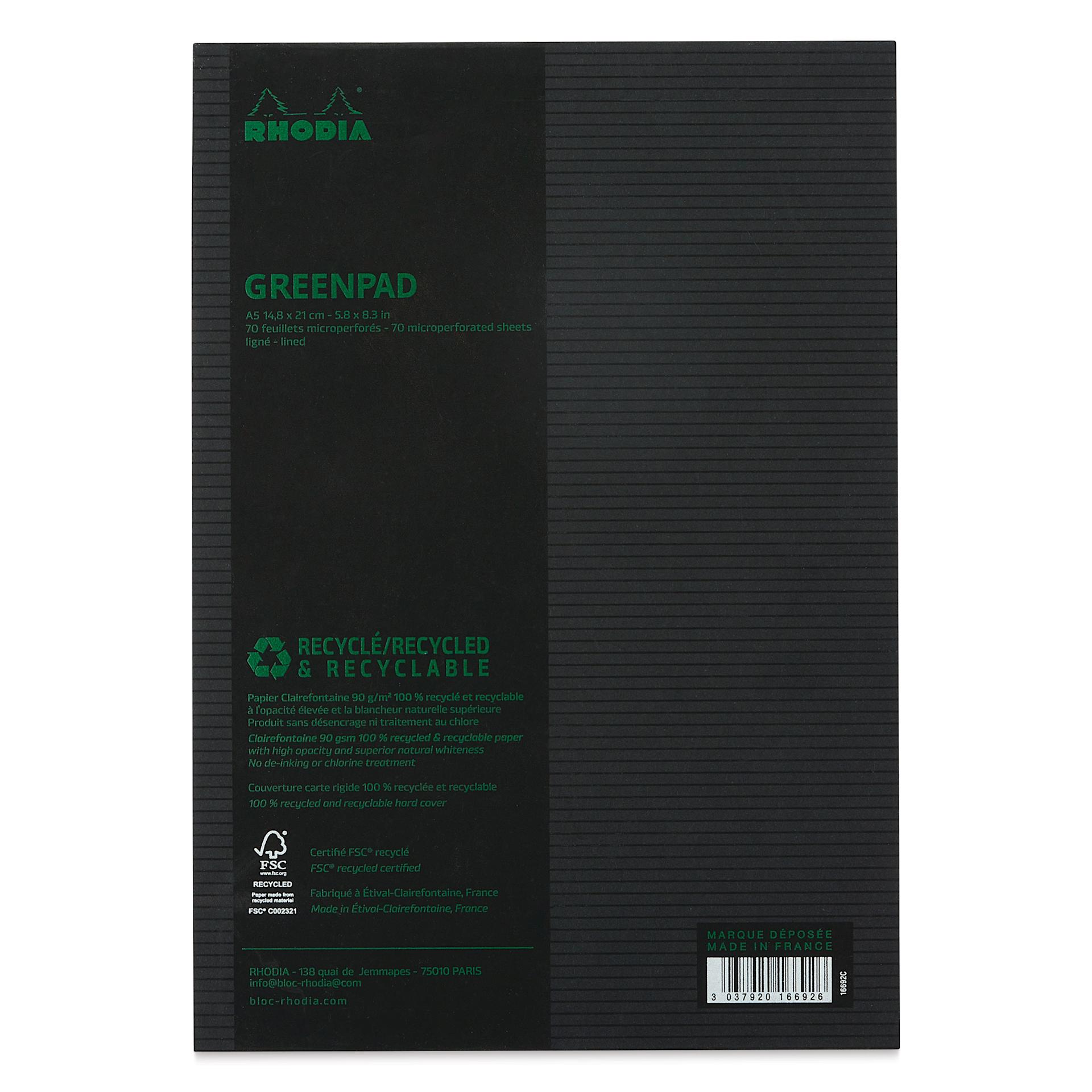 Rhodia Greenpad Notepad - Lined, Black, 6" x 8-1/4", back cover