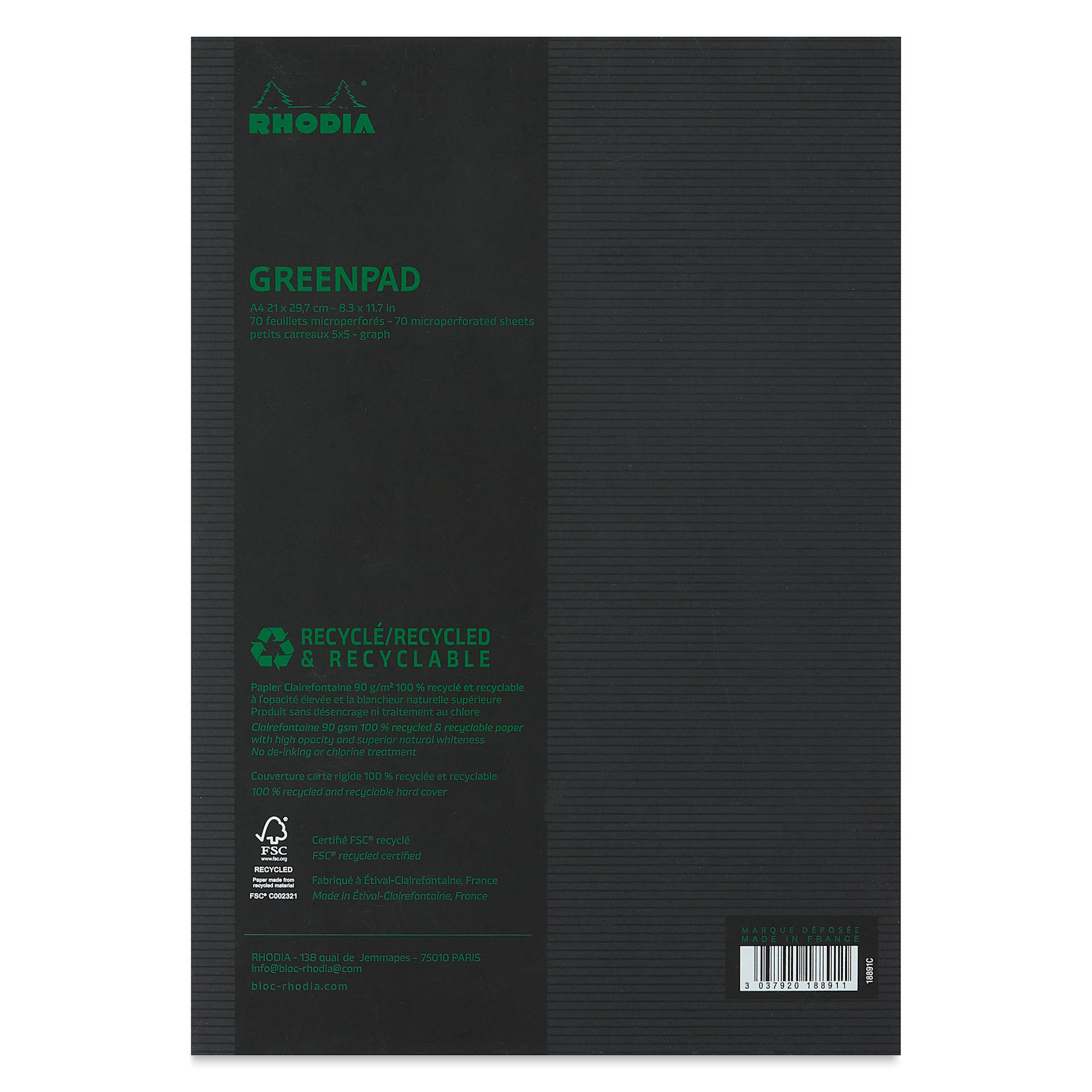 Rhodia Greenpad Notepad - Grid, Black, 8-1/4" x 11-3/4", back cover