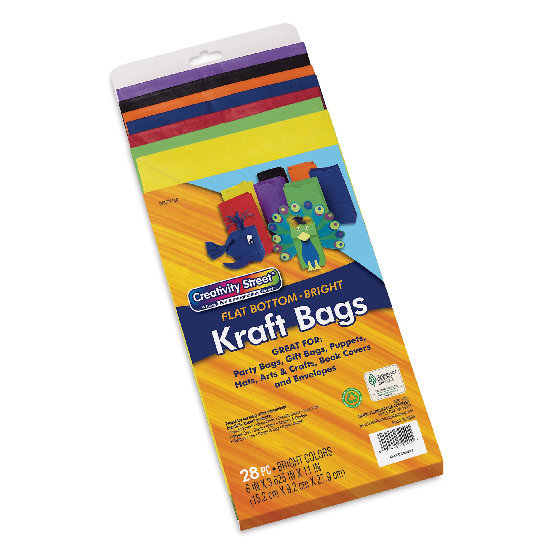 Creativity Street Kraft Bags - Brights, Pkg of 28, 6" L x 3-6/10" W x 11" H - front of packaging