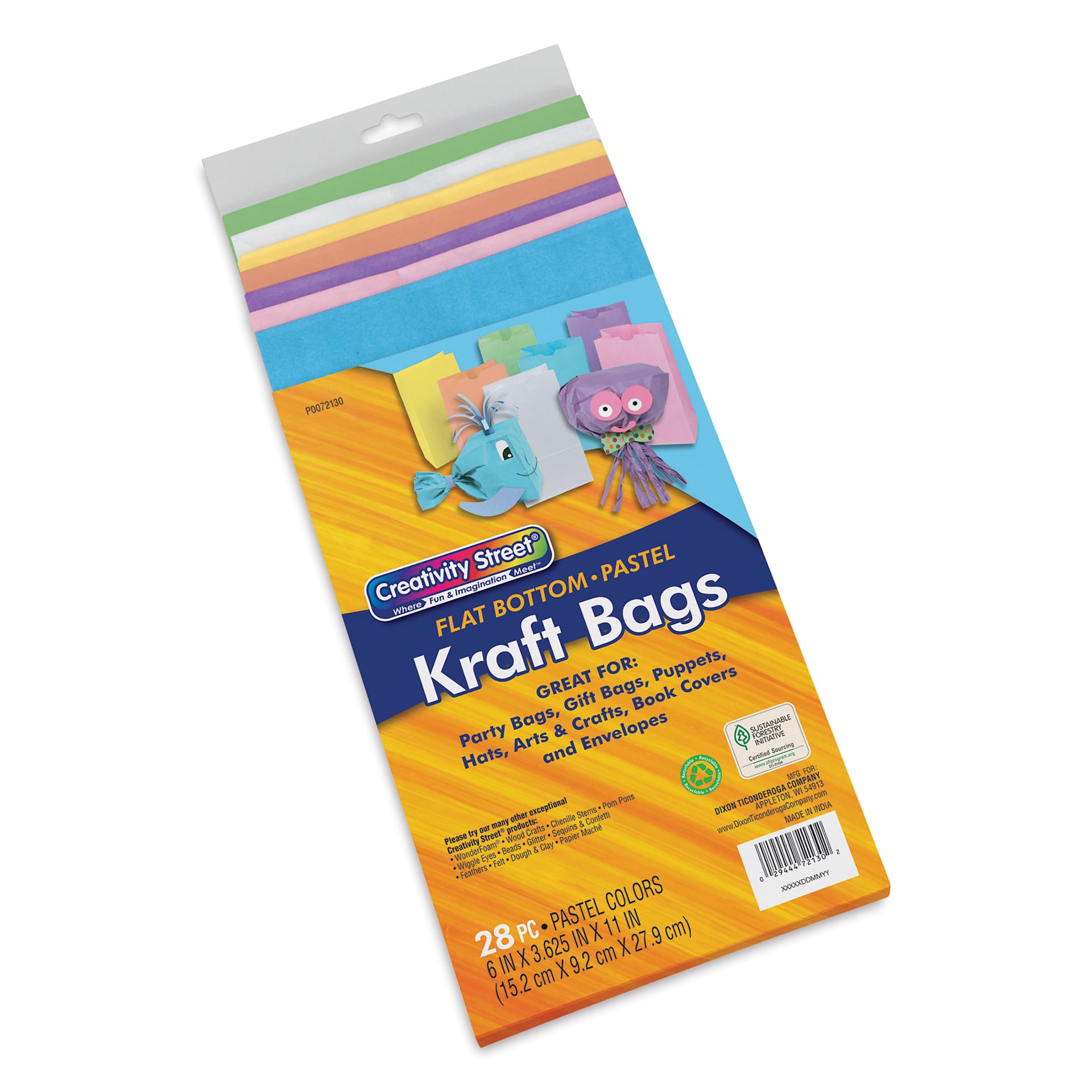 Creativity Street Kraft Bags - Pastels, Pkg of 28, 6" L x 3-6/10" W x 11" H - front of packaging