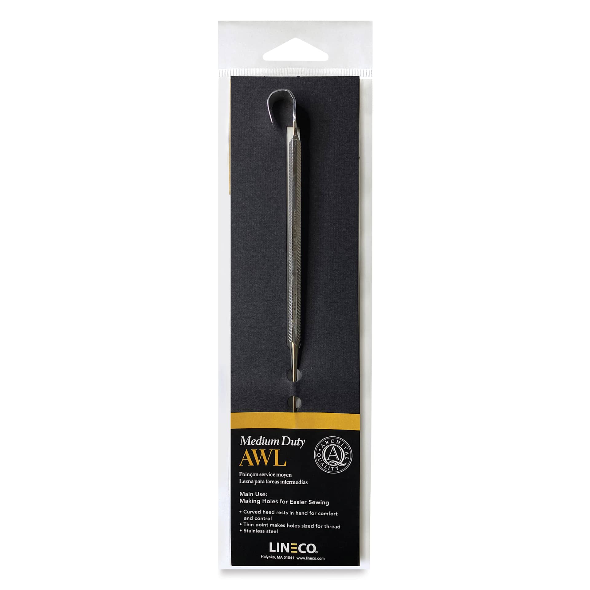  Lineco Medium Duty Curved Handle Metal Awl front of packaging