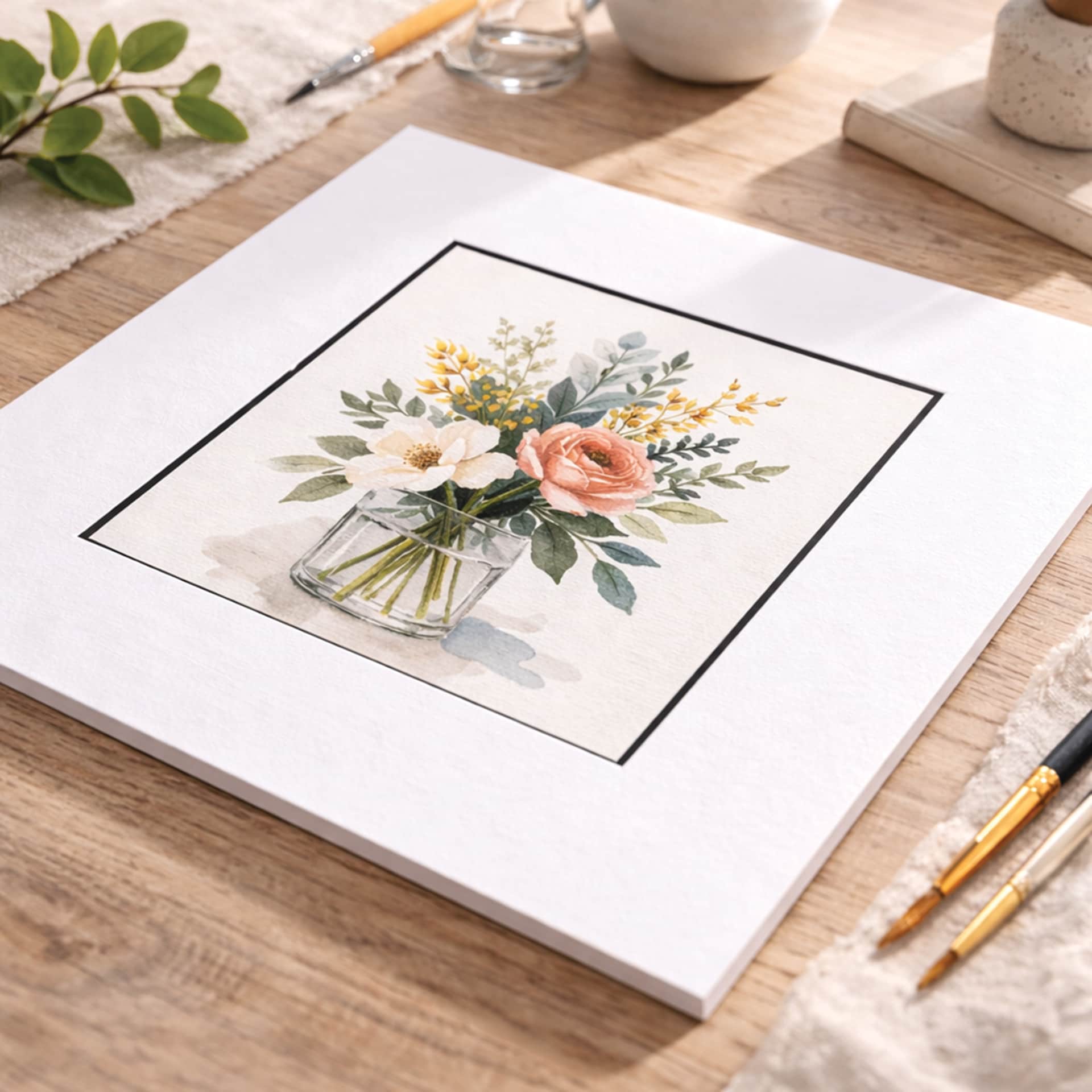 Crescent Berkeley Black Core Matboard, used as matting for floral artwork.