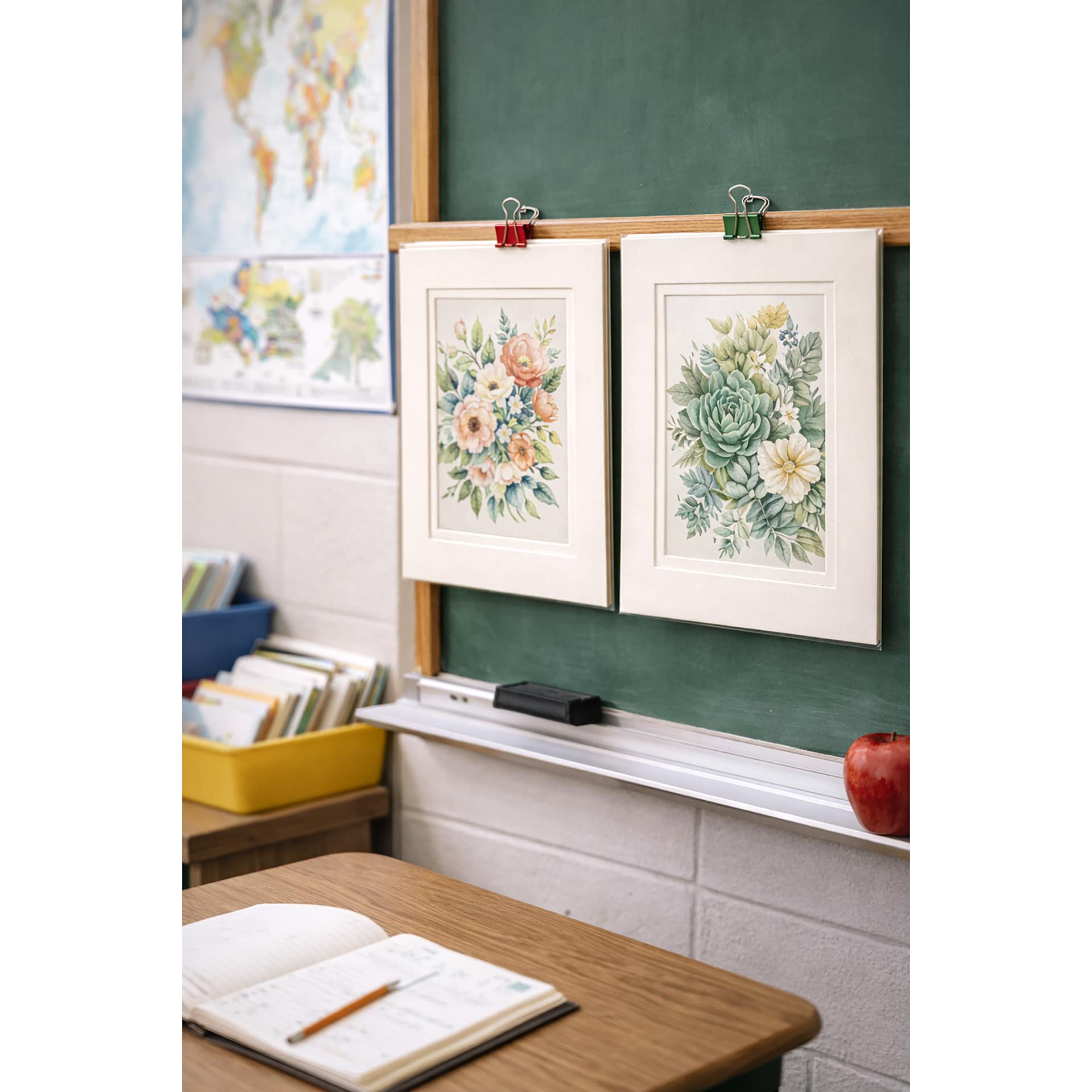 Crescent Berkeley Cream Core Matboard - two matted floral artworks hung on school picture rail.