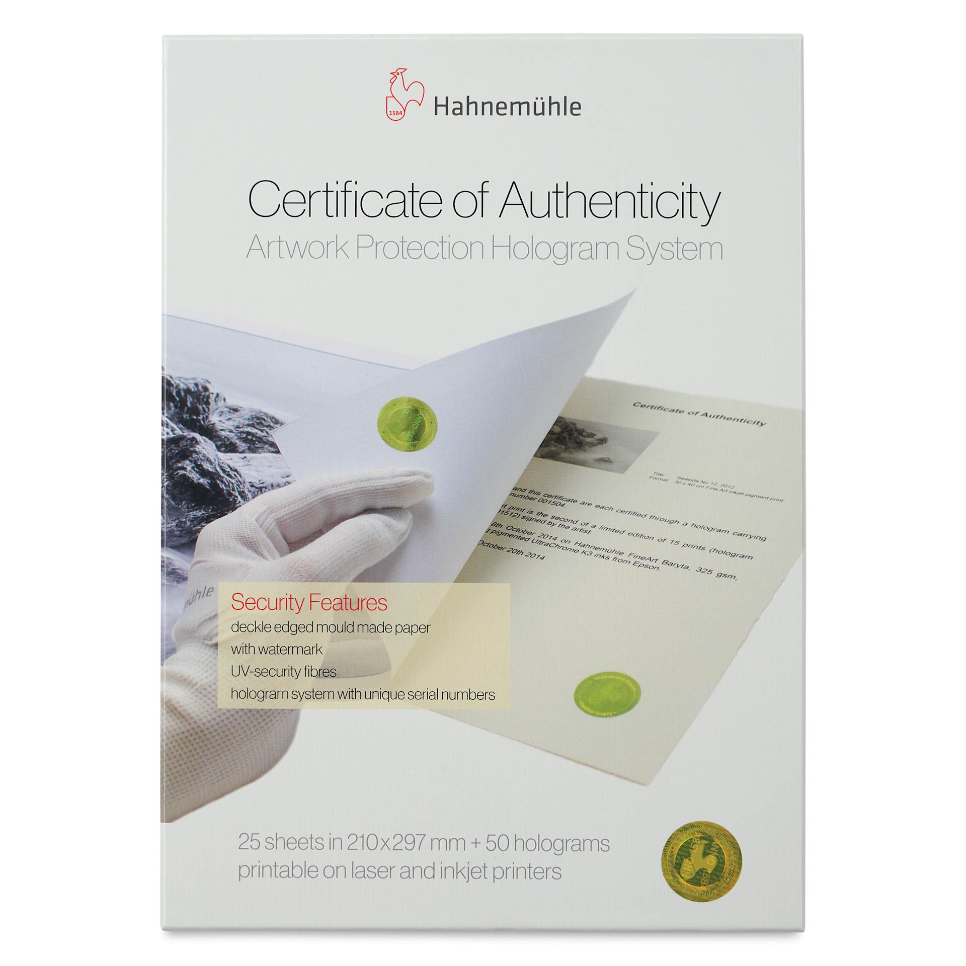 Hahnemühle Certificate of Authenticity - 8-3/10" x 11-7/10", Pkg of 25, front of packaging
