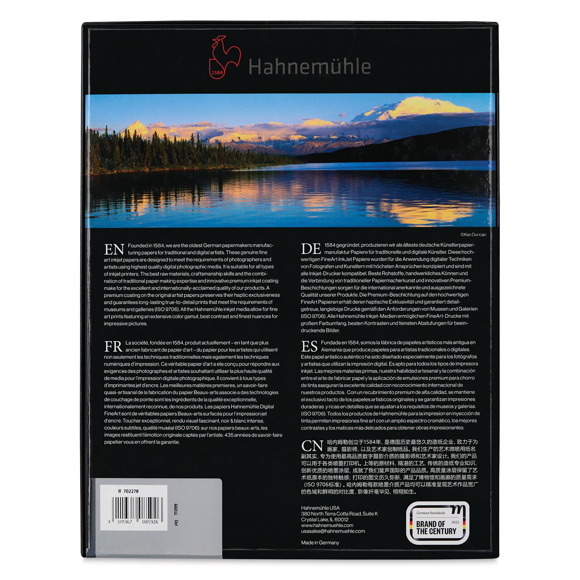 Hahnemühle Photo Rag Gloss Baryta FineArt Inkjet Paper - 8-1/2" x 11", Pkg of 25, back of packaging