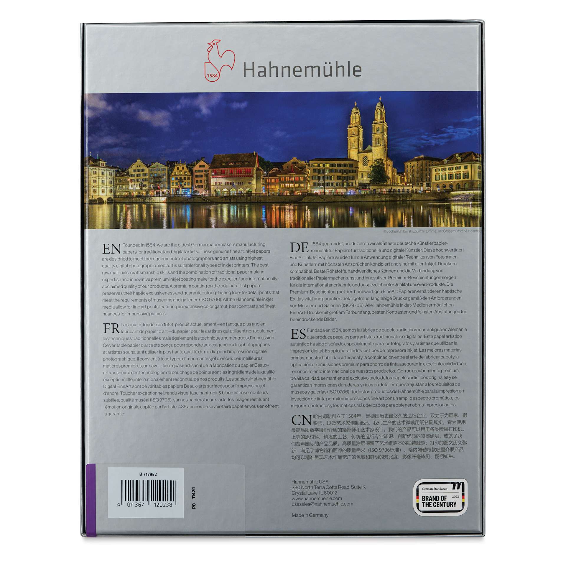 Hahnemühle Photo Rag Matt Baryta FineArt Inkjet Paper - 8-1/2" x 11", Pkg of 25, back of packaging