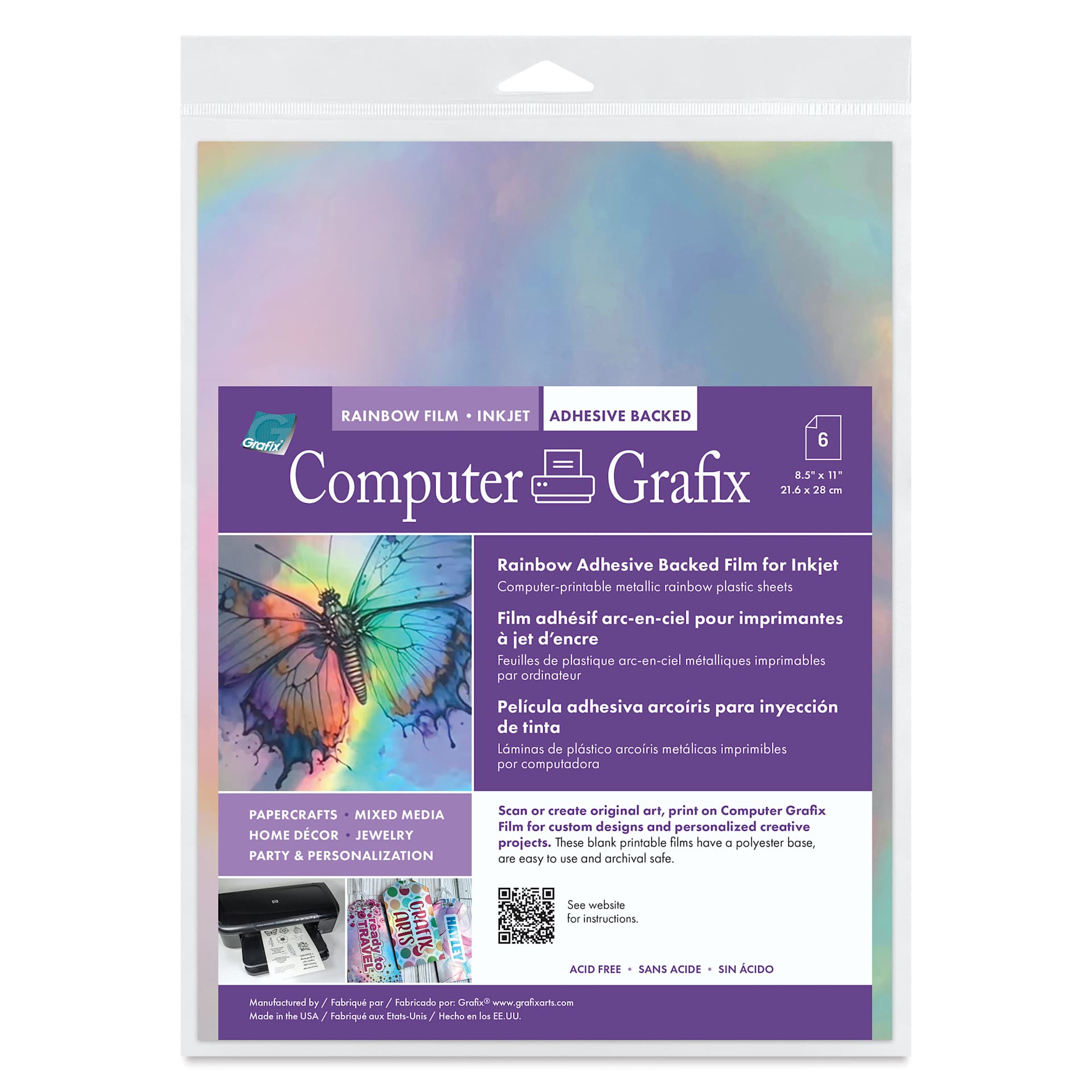 Grafix Rainbow Adhesive Inkjet Film - Pkg of 6, 8-1/2" x 11"