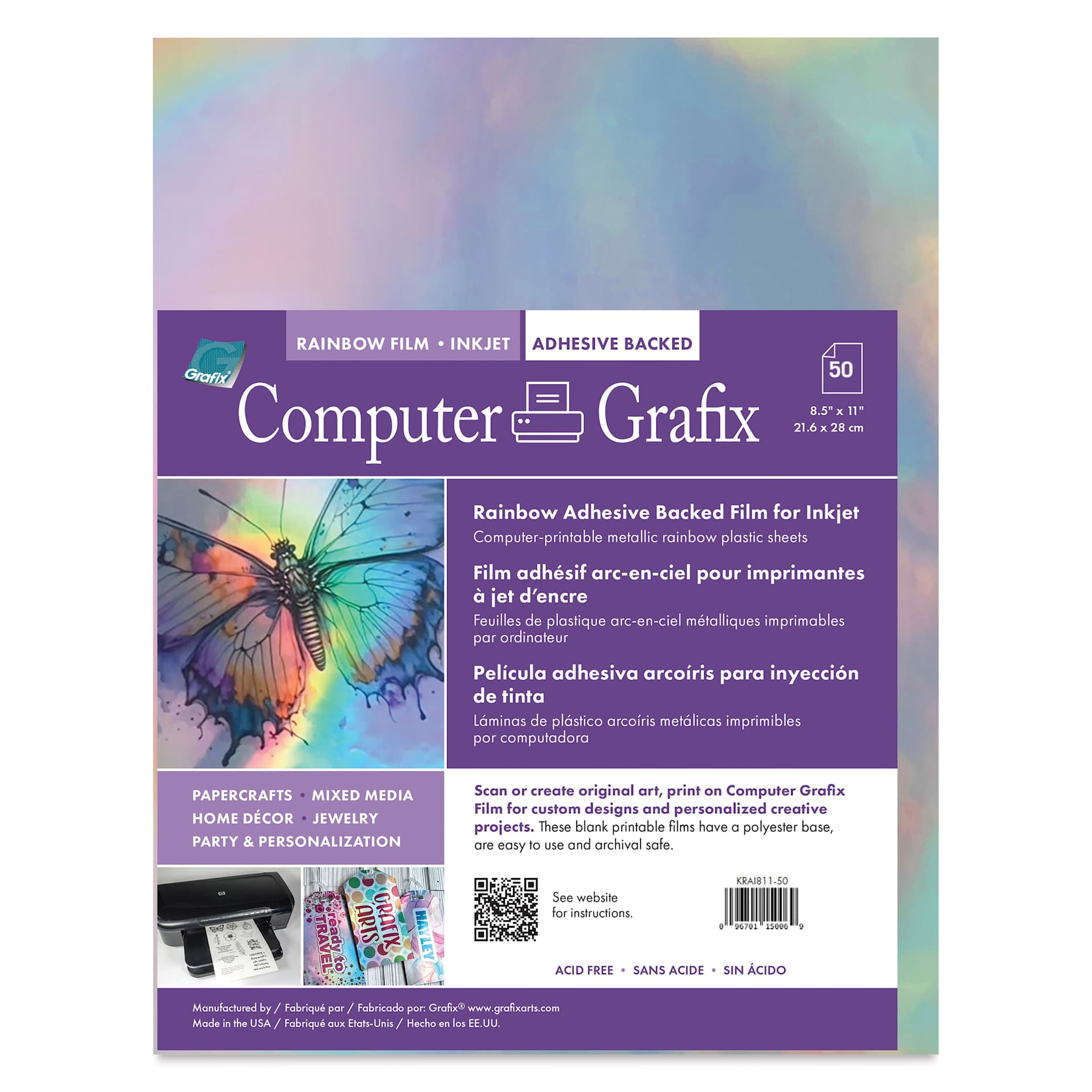 Grafix Rainbow Adhesive Inkjet Film - Pkg of 50, 8-1/2" x 11"